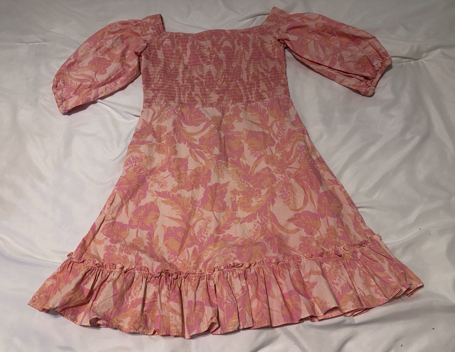 Karlie Coral Pink Floral Print Puff Sleeve Dress Women’s Jrs Size Medium EUC