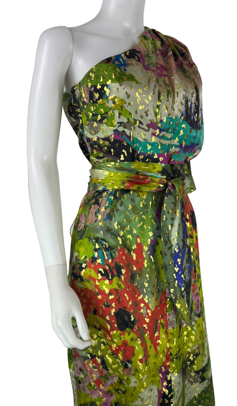 Naeem Khan One Shoulder Resort Midi Silk Dress 8 US 44 IT M Green Gold Belted