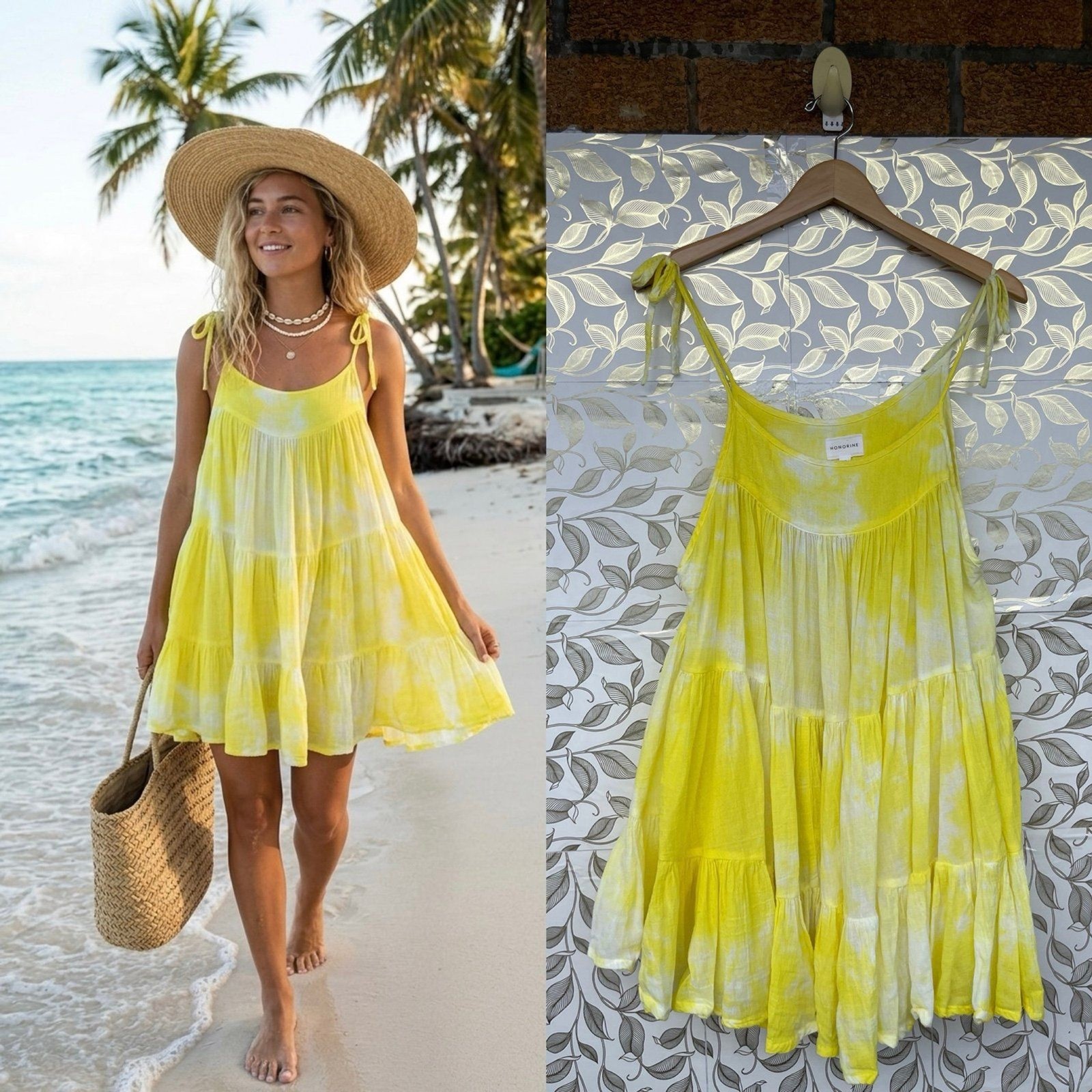 HONORINE Yellow Tie Dye Gauze Tiered Mini Dress XS Sun Dress Beach Bikini Cover