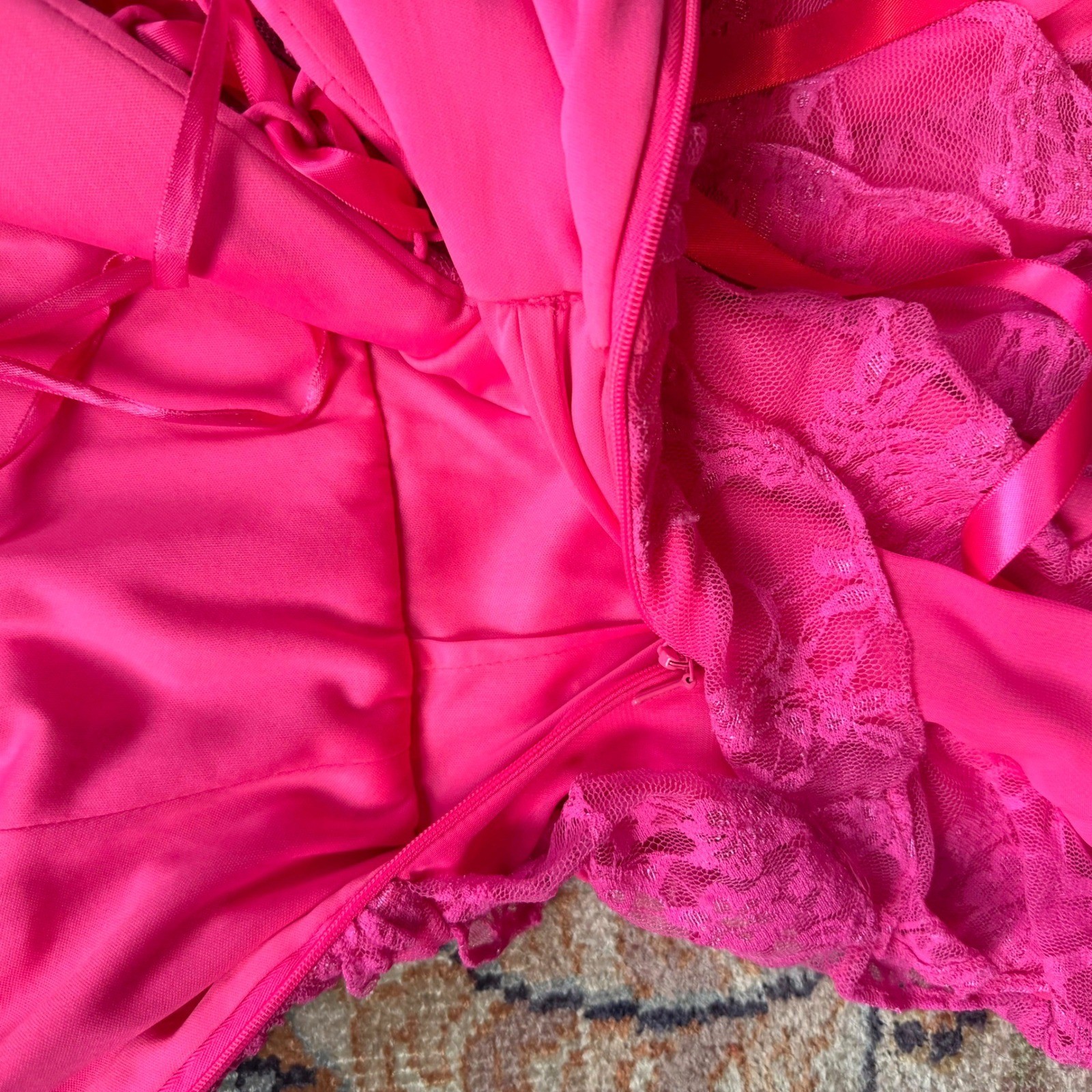 Hailey Logan Adrianna Papell Hot Pink Lace Corset Dress Ruched Ruffle Mini XS