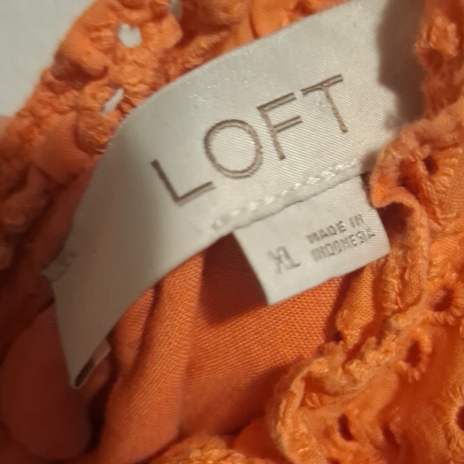 LOFT Orange Eyelet Cotton V-Neck Ruffle Lined A-Line Knee Dress XL