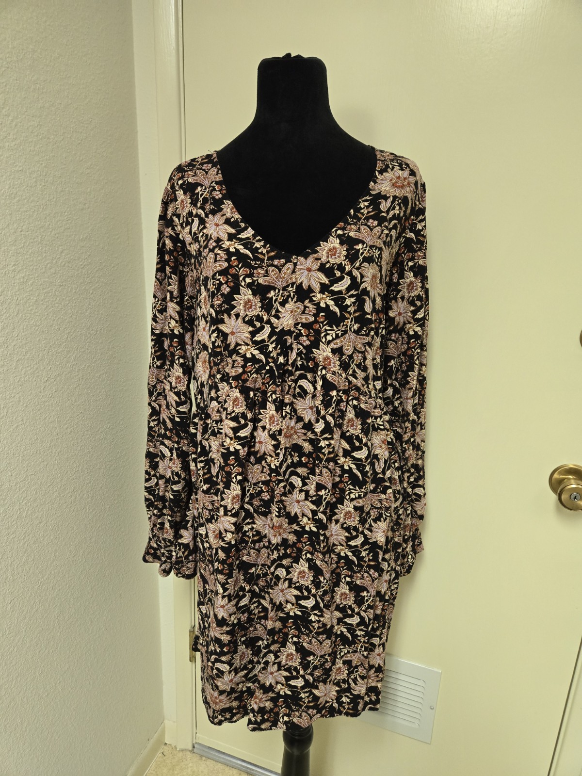 Knox Rose Boho Black And Rust Vneck LS Dress Holiday XXL