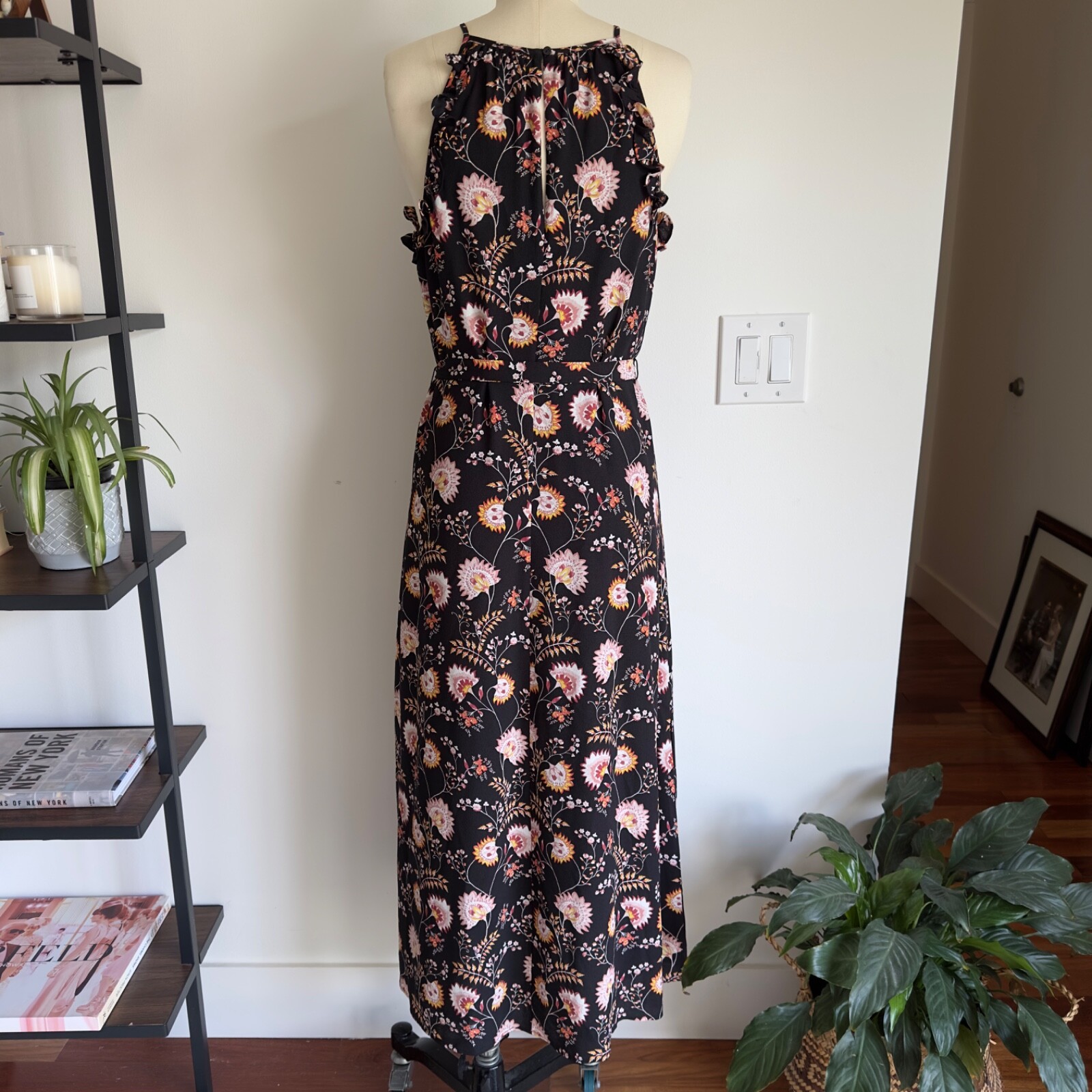 1. STATE High Neck Floral Sleeveless Ruffle Maxi Dress-Size Small-Black Floral