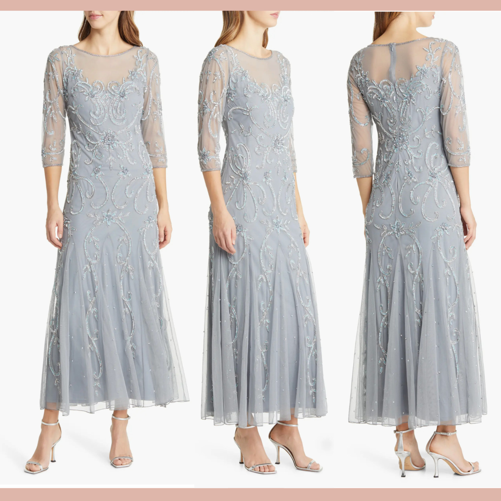 NWT $268 Pisarro Nights [ 2 ] 3/4 Sleeve Beaded Illusion Neck Gown Sea Blue J900