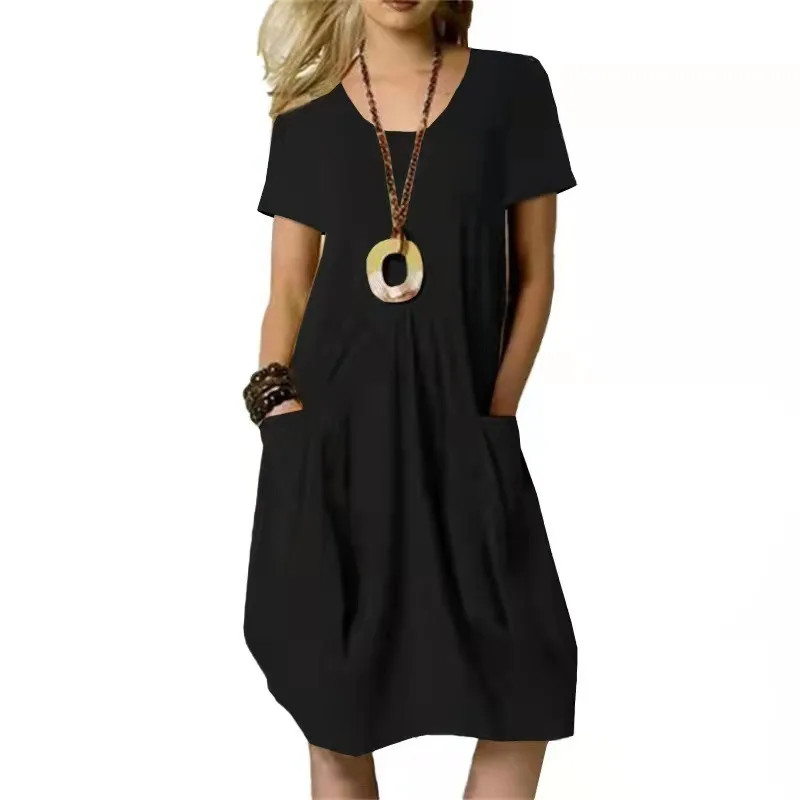 Women Round Neck Short Sleeve Double Pocket Loose Cotton Linen Knee Length Dress