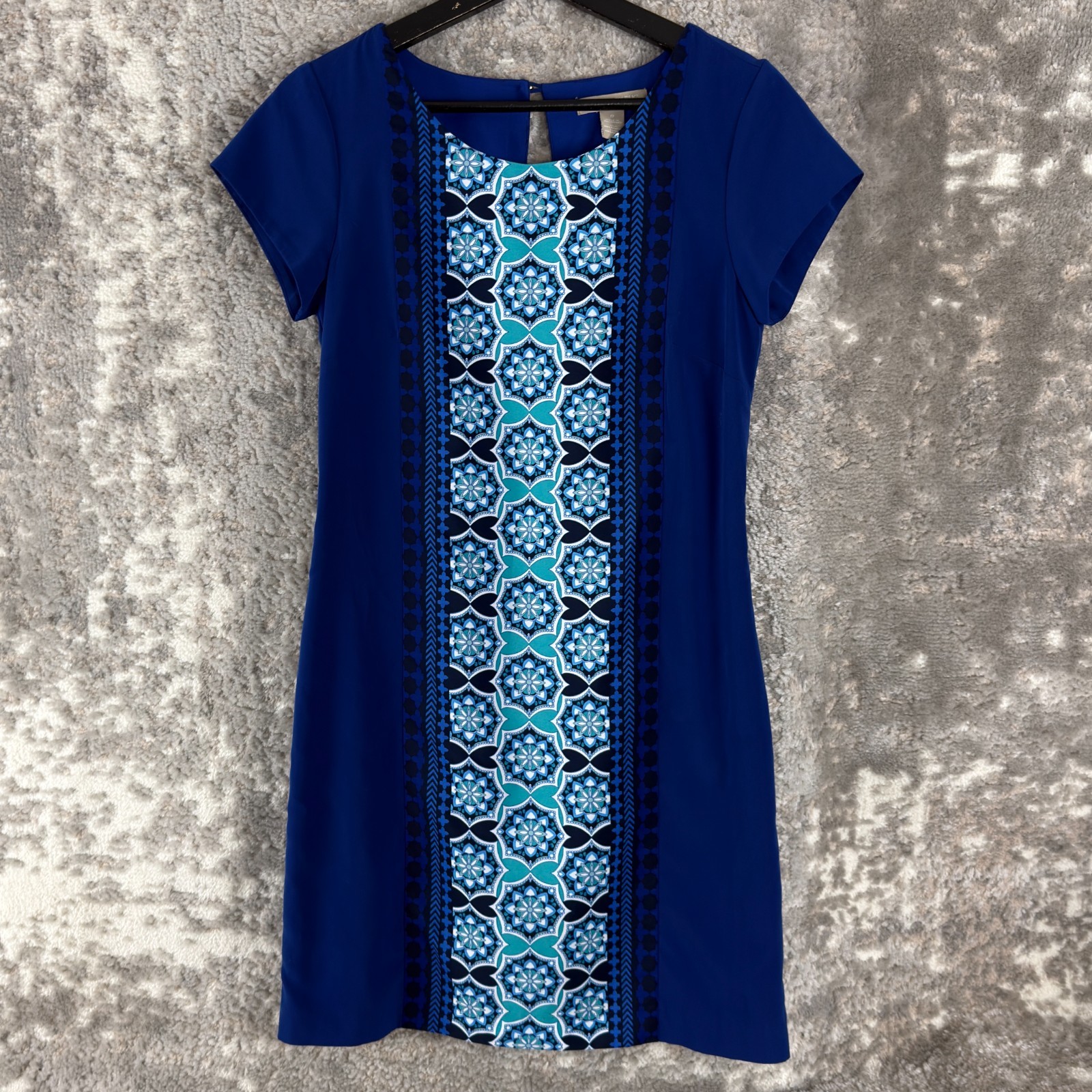 Banana Republic Size 0 Geometric Mini Sheath Dress Blue Short Sleeve Casual Zip