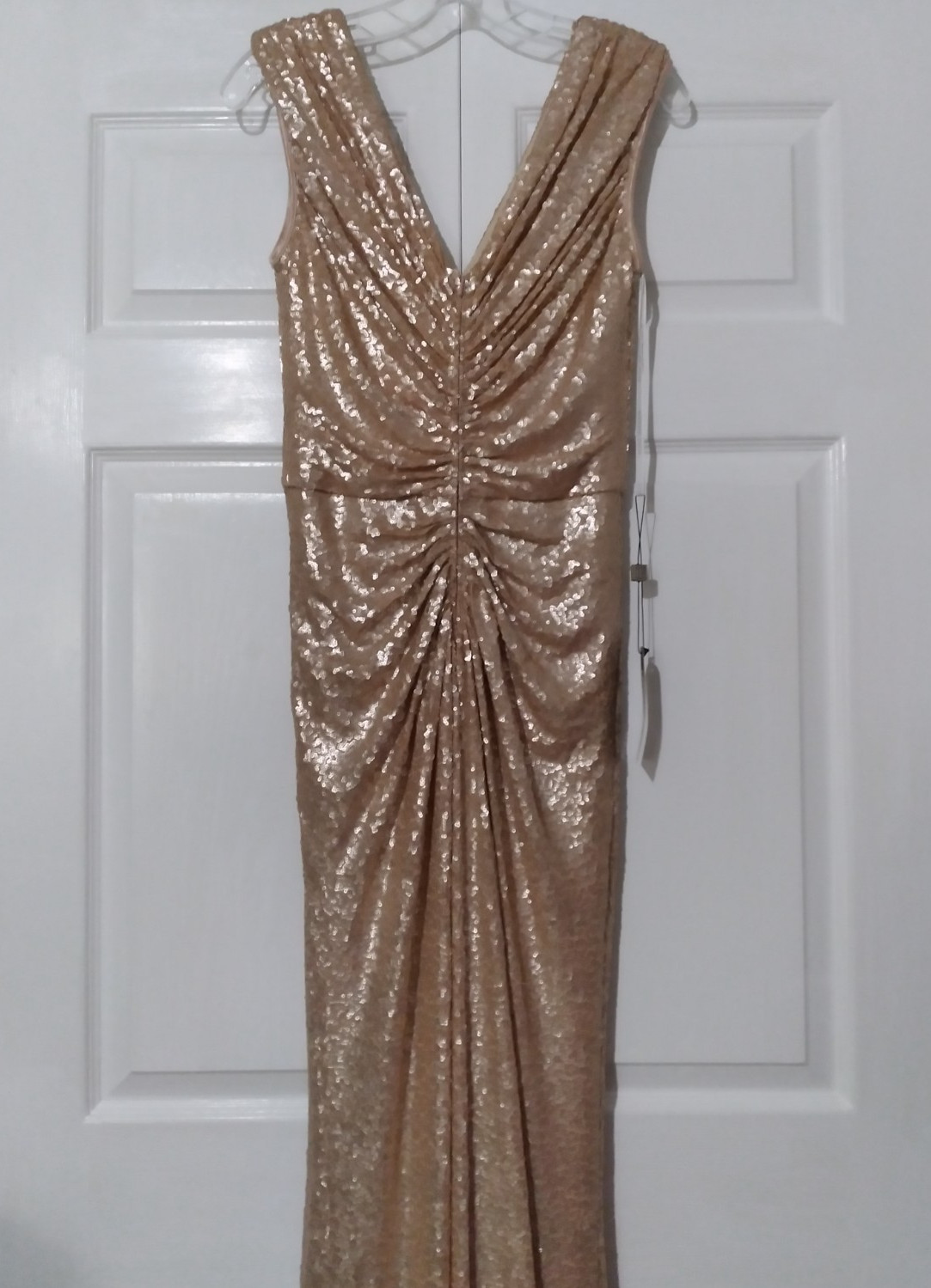 NWT Tadashi Shoji Champagne Lace Sequin Sleeveless Ruched Long Gown Dress MEDIUM