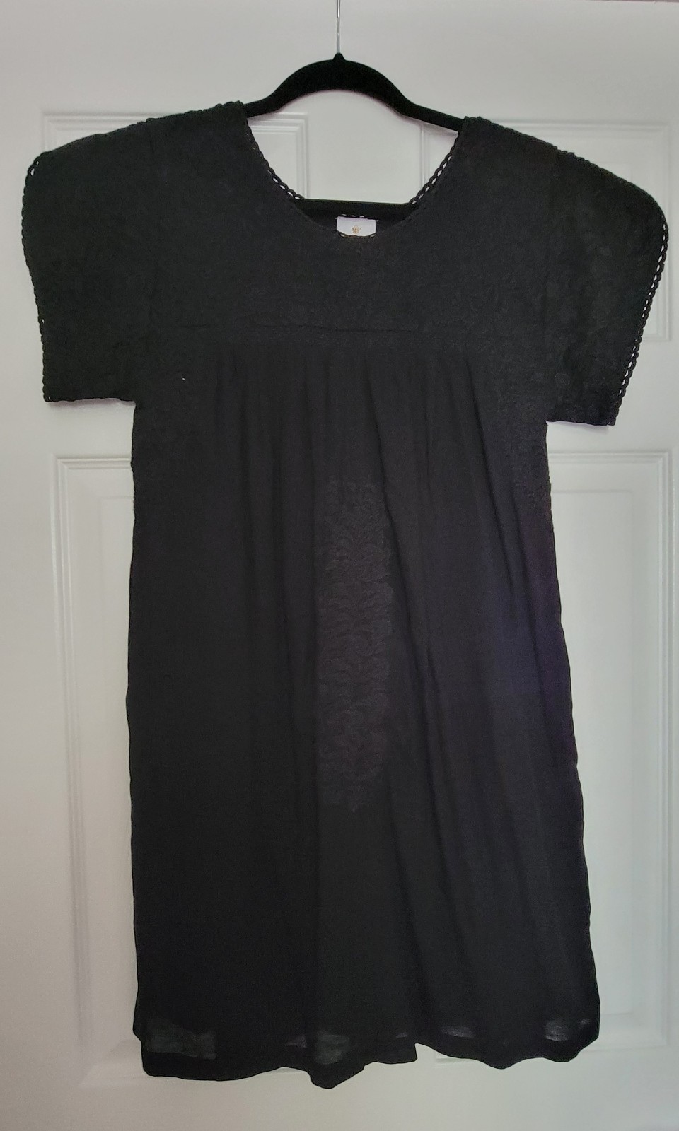 J Marie Black Embroidered Mini Dress Short Sleeve Rayon Linen Womens S