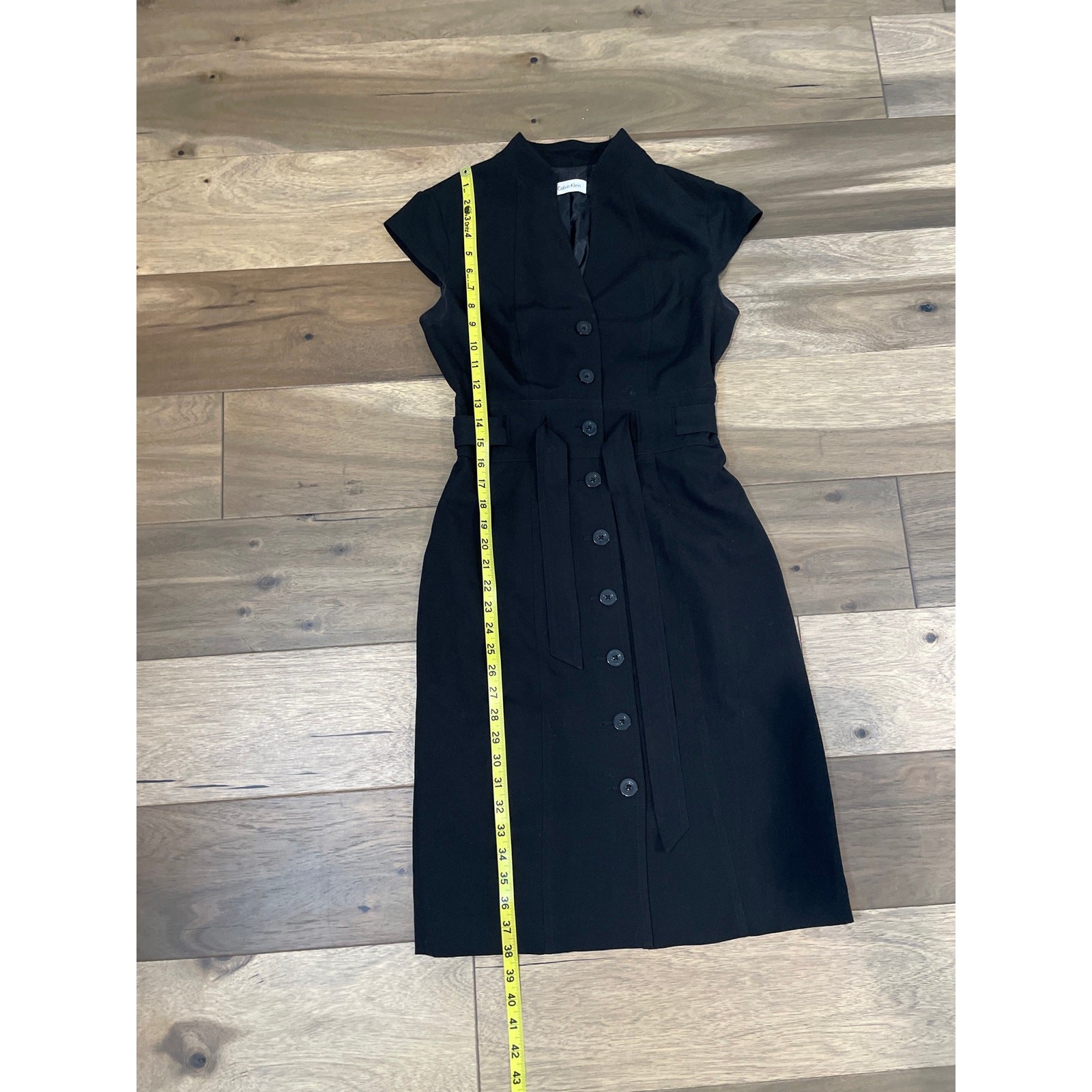 Calvin Klein Black Button Down Tie Waist Sheath Dress Cap Sleeves Size S
