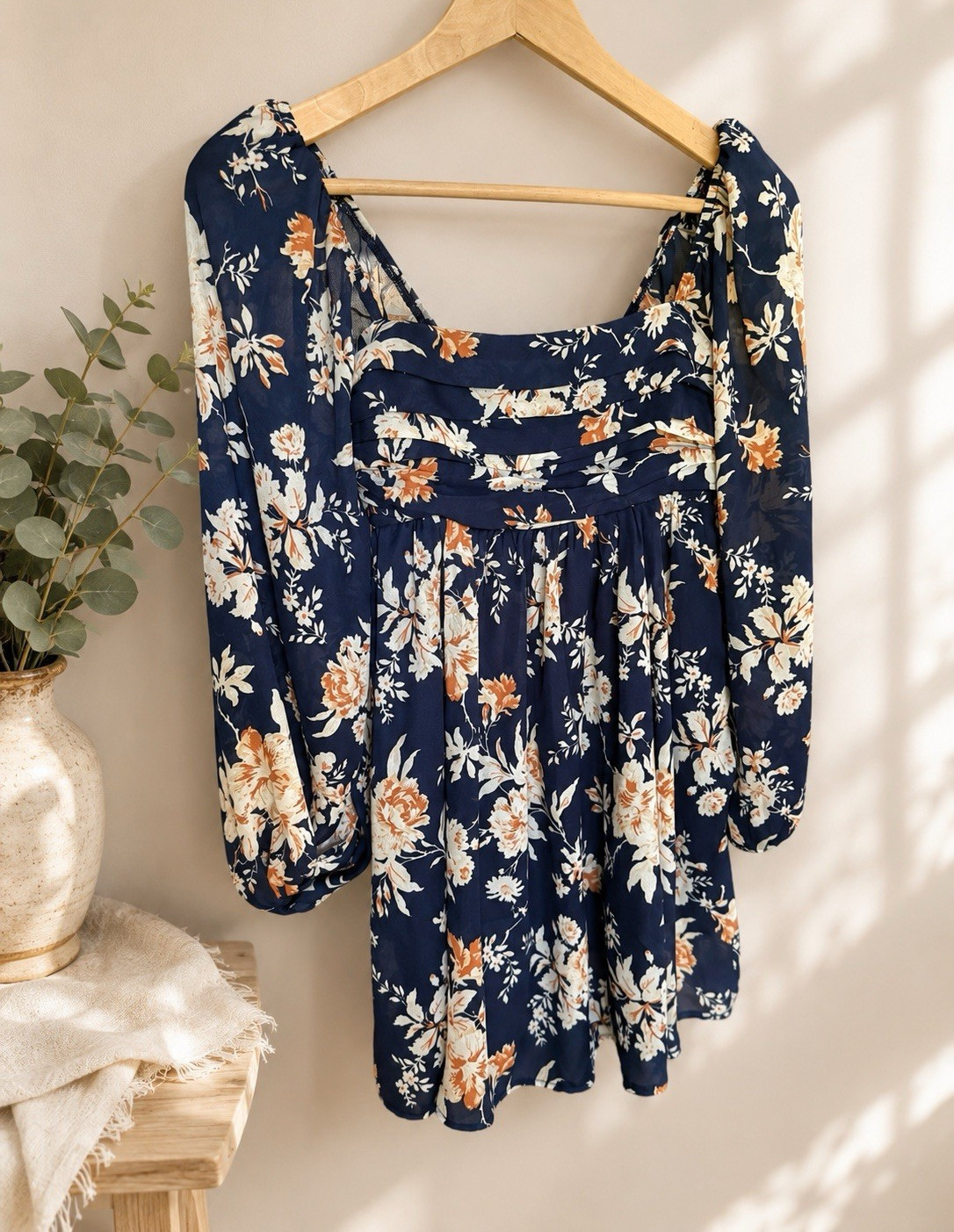Abercrombie & Fitch XSP Navy Floral Mini Dress Puff Sleeve Smocked Back Square