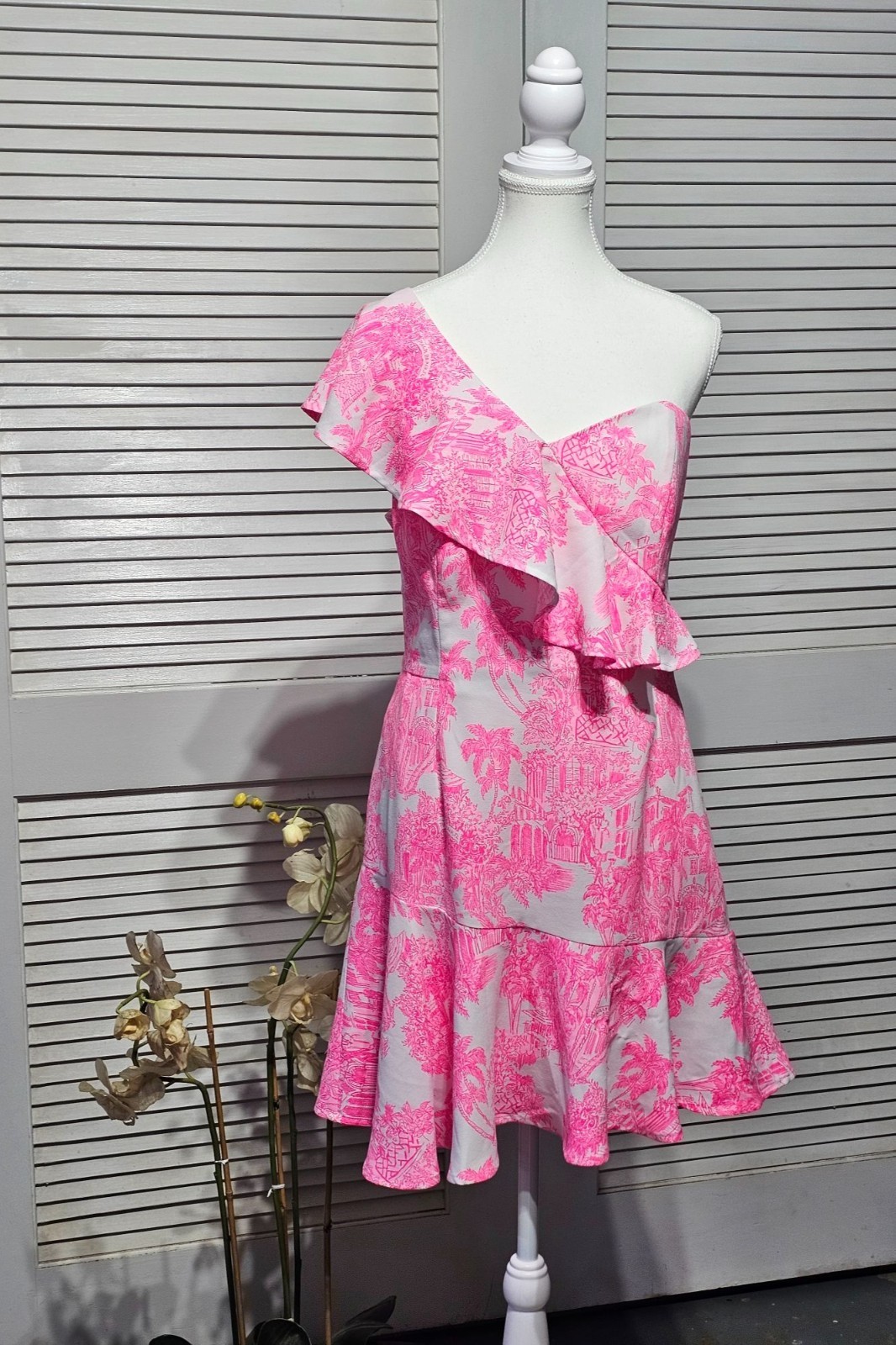 Lilly Pulitzer Wo’s Pink White Ariana One Shoulder Ruffle Mini Dress Sz 14