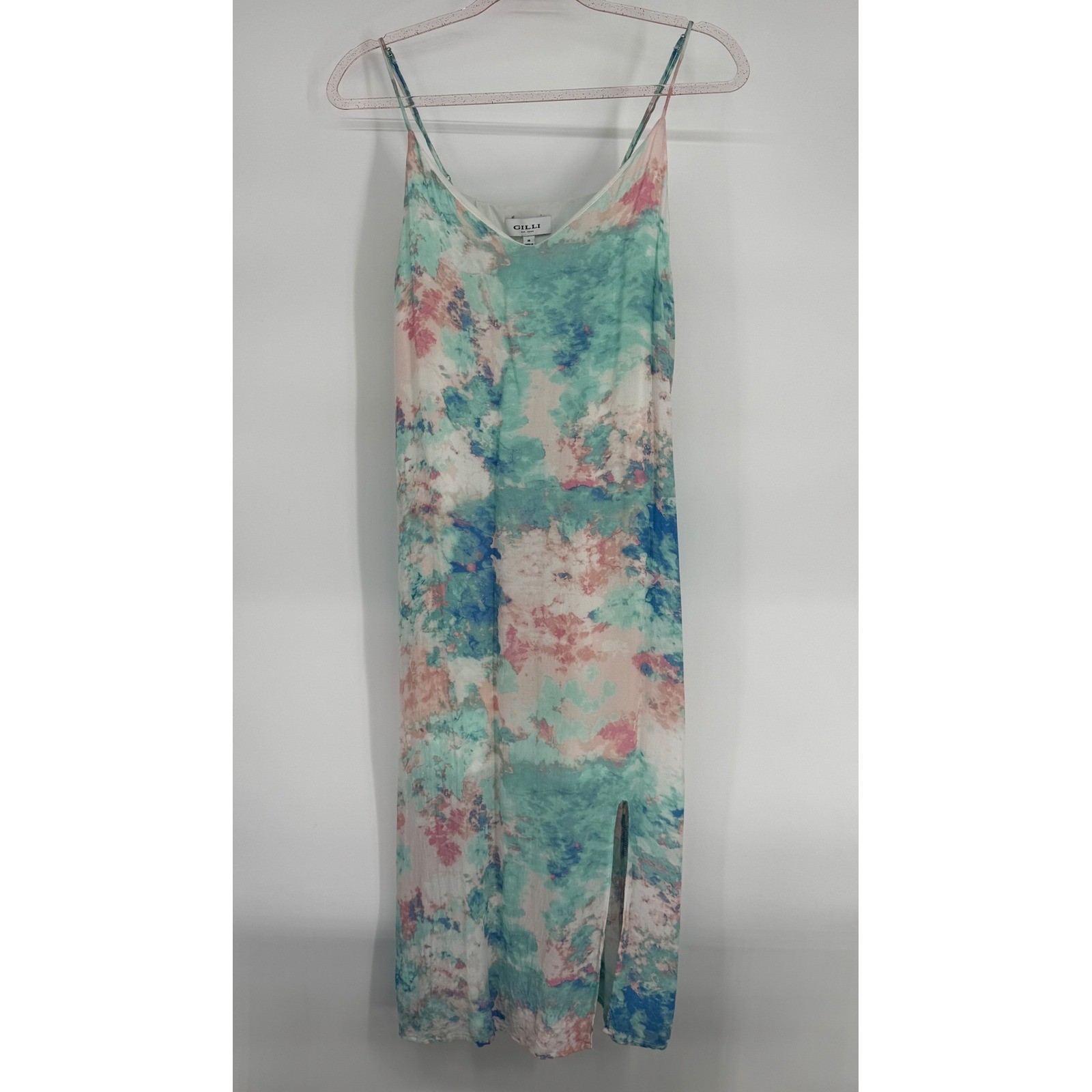 Gilli Womens Watercolor Abstract Midi Slip Dress Teal Pink Blue V-Neck Sz M