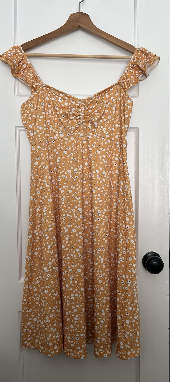 Fensace Orange White Floral Ruched Square Neck Knee A-Line Dress Womens M