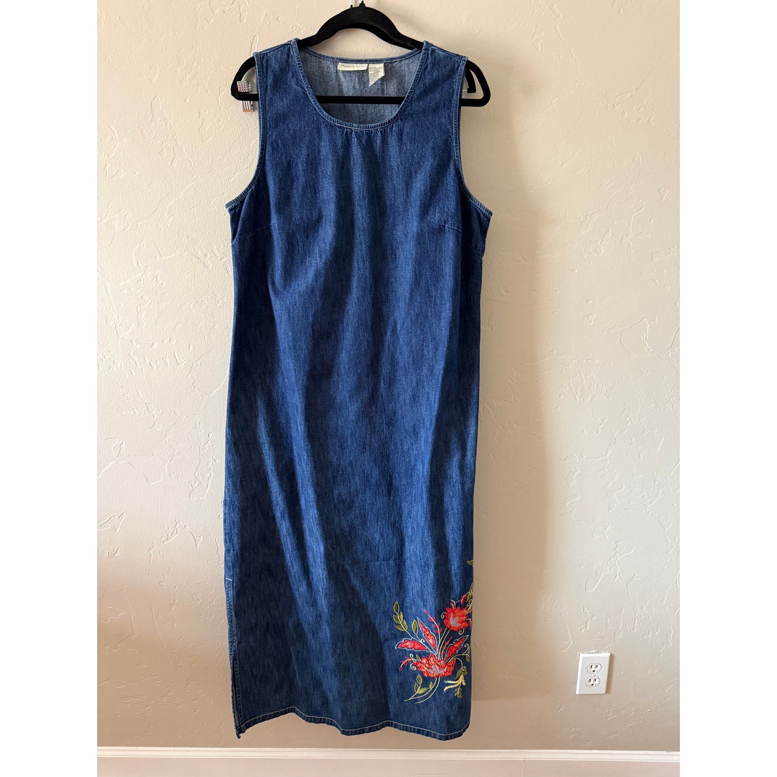 Studio Ease Denim Dress Jacket Set Size 16 Embroidered Floral 2 Piece Blue