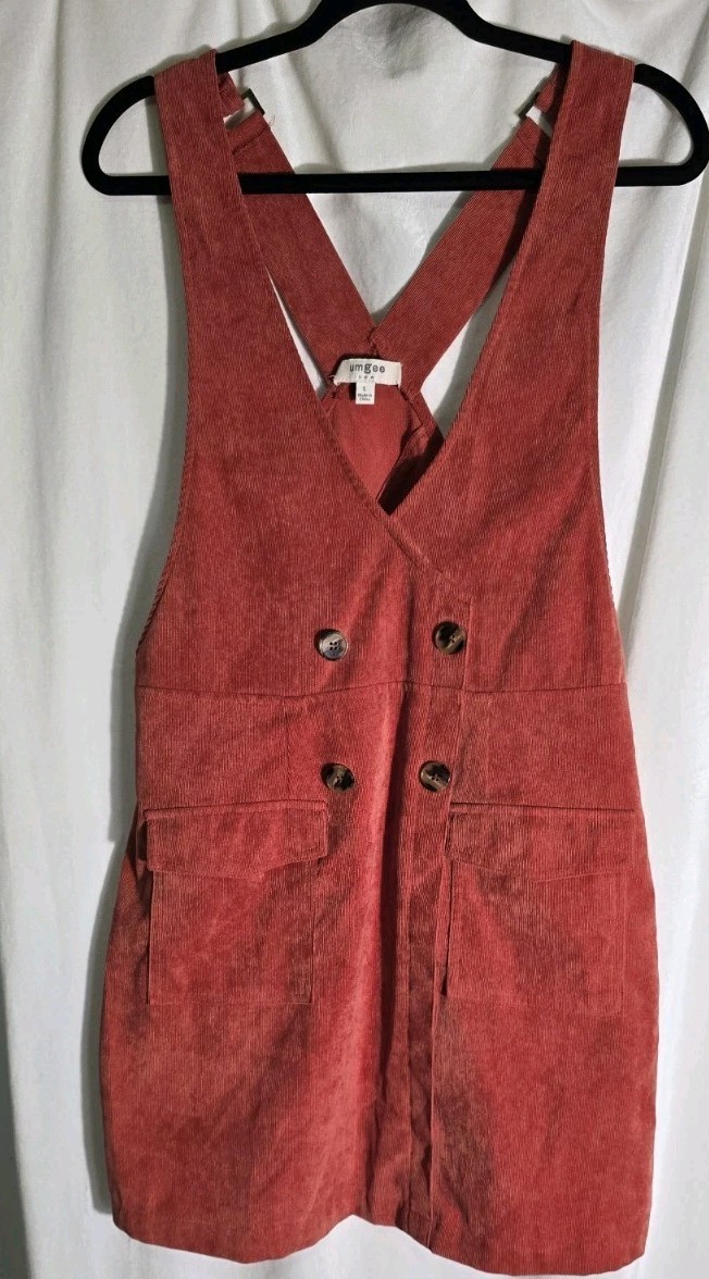 Umgee Burnt orange corduroy overalls faux wrap dress sz Large