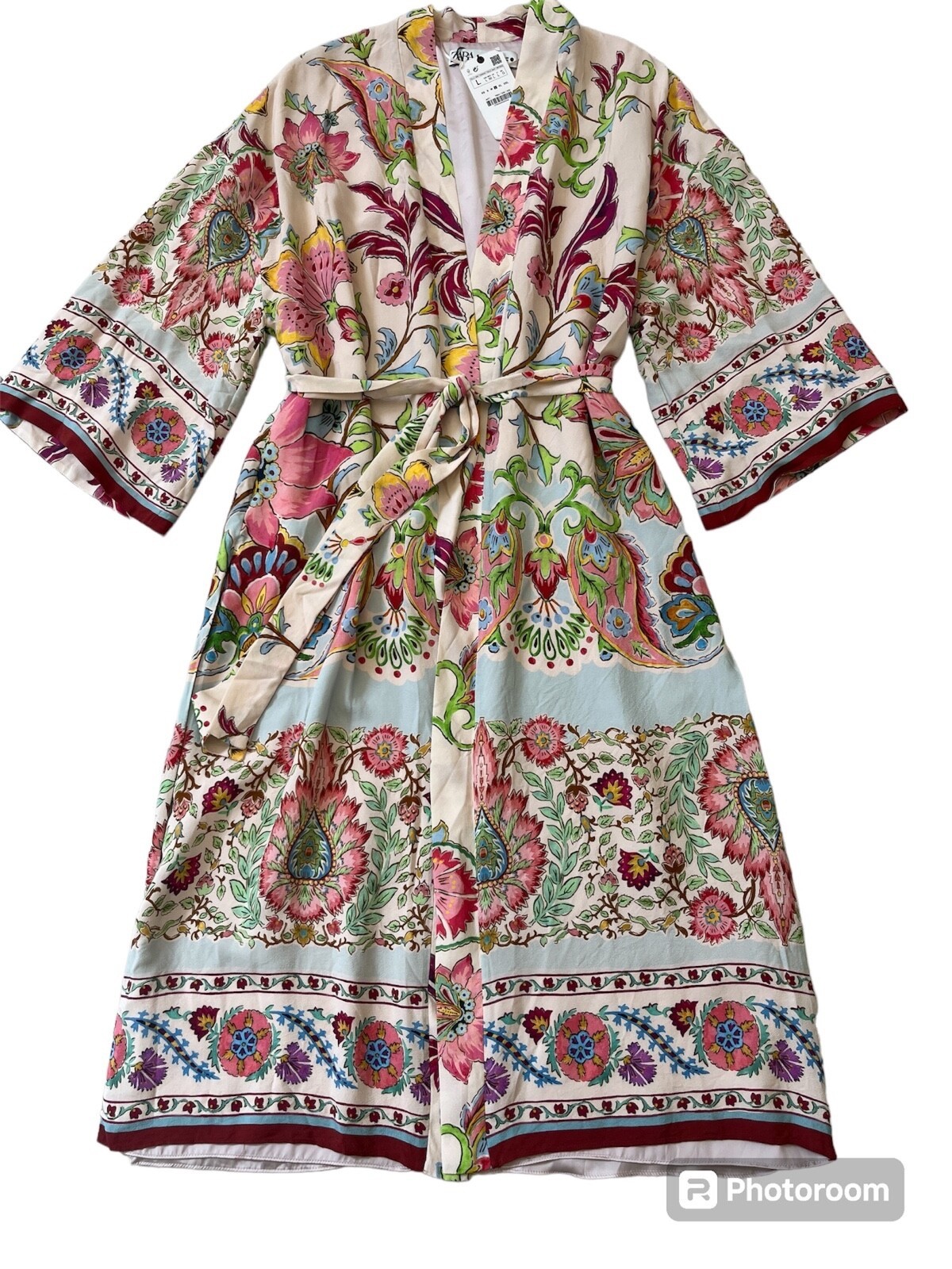 NWT Viscose Boho Pastels Zara Lined Belted Floral Duster Kimono Sz M
