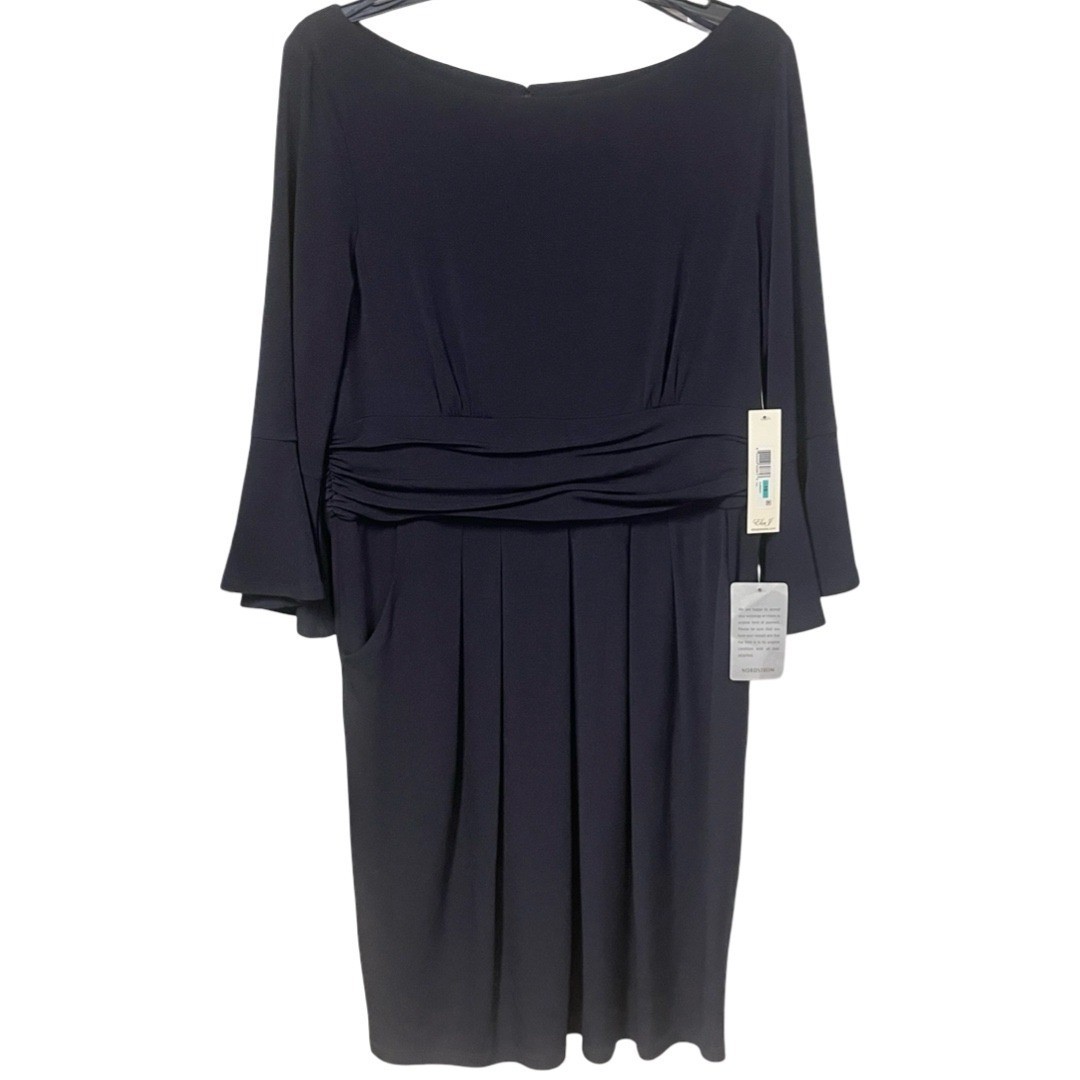 NWT Eliza J Navy Blue Flounce Sleeve Boat Neck Sheath Dress with Pockets Size 16