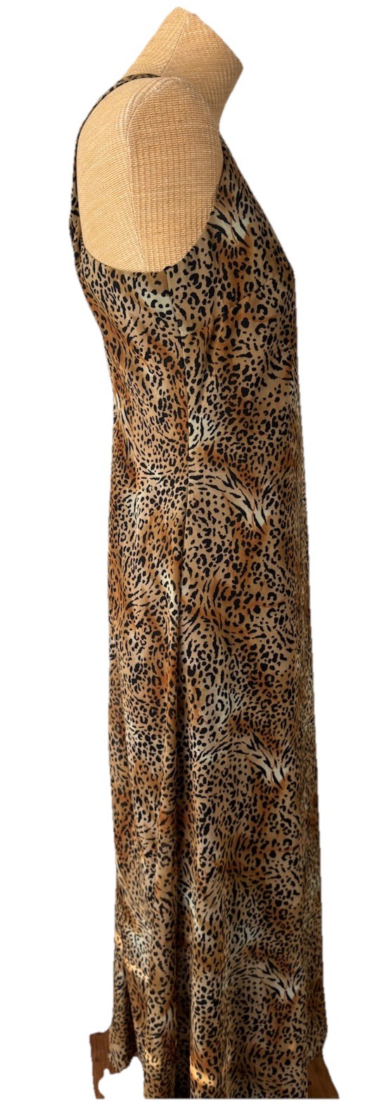 VTG 80s 90s Leopard Cheetah Animal Print Maxi Dress Flowy Criss Cross Back Sz 10
