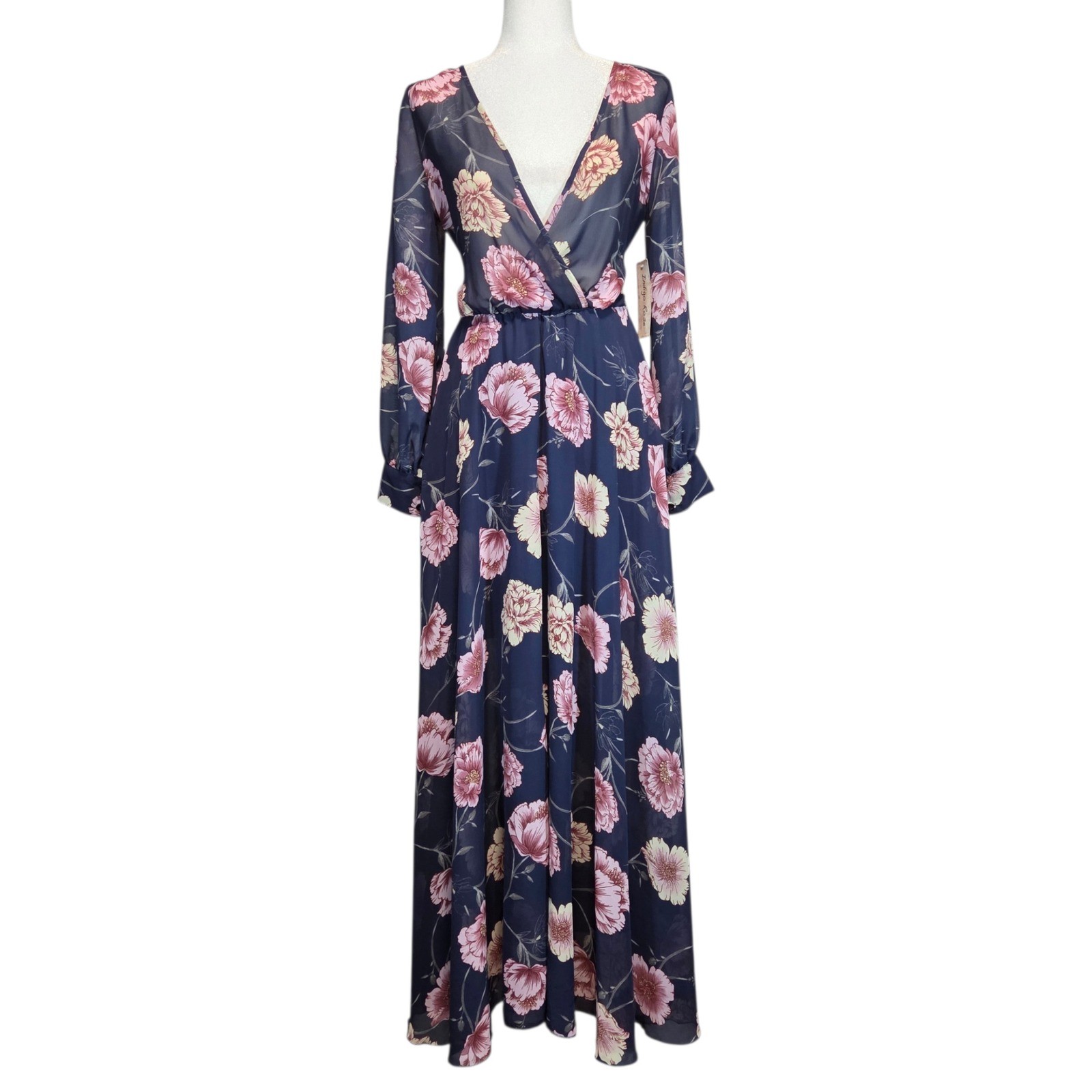 Indigo Rose Sheer Dark Floral Maxi Dress Wrap Boho Long Sleeve Womens Small NWT