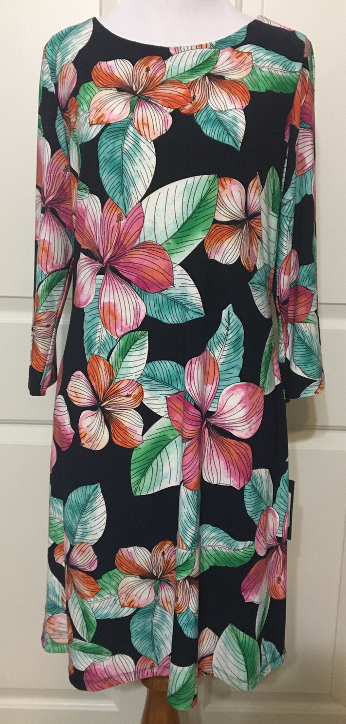 NWT Tommy Hilfiger size 8 black pink green 3/4 sleeve slinky sheath dress