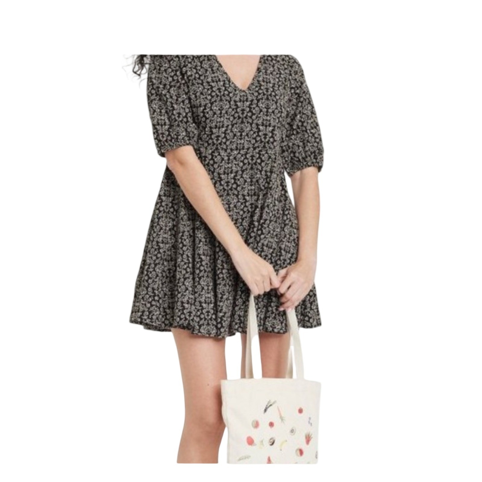 Universal Thread Black Floral Puff Sleeve Mini Dress V-Neck Babydoll 1X NWT