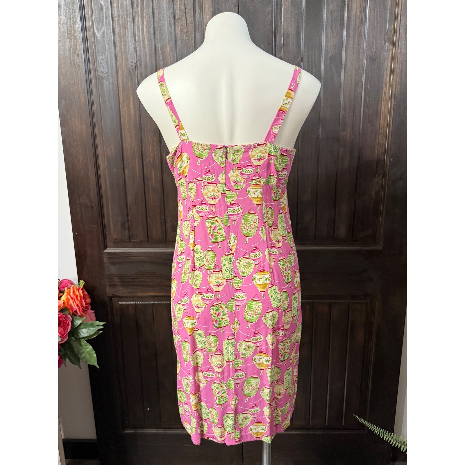 Boston Proper Pink Chinese Lantern Print Rayon Tie Front Sheath Dress Size 8
