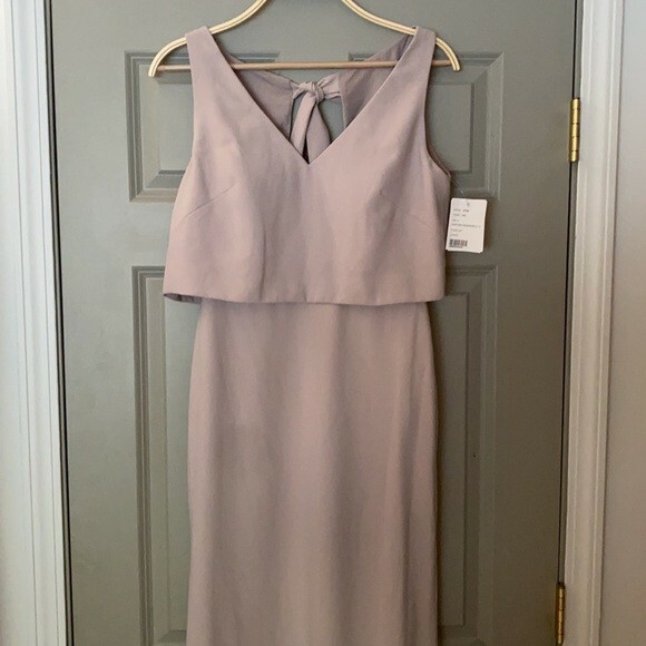 Jenny Yoo Crepe Overlay Bow Back Bridesmaid Gown Size 4 in Taupe-U47 Style JY540