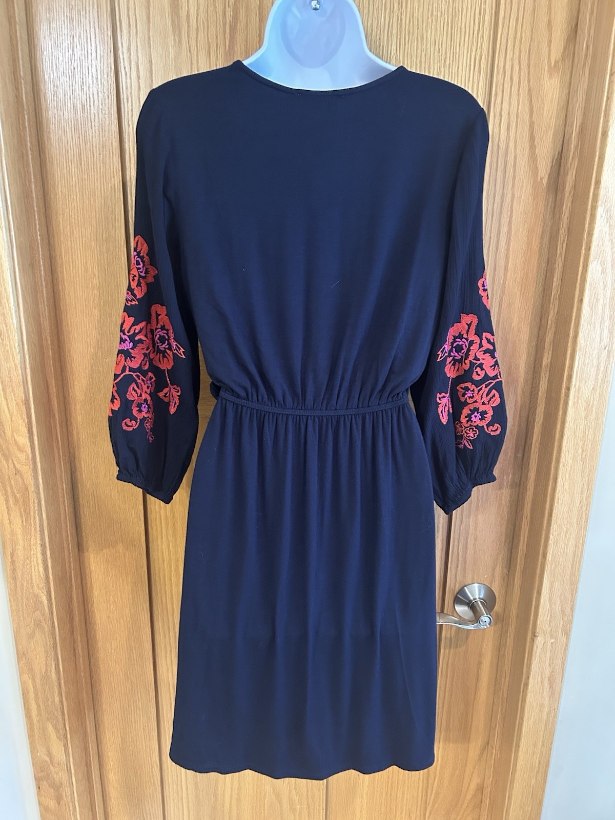 NEW Stitch Fix Black Red Embroidered Faux Wrap V Neck Balloon Long Sleeve S