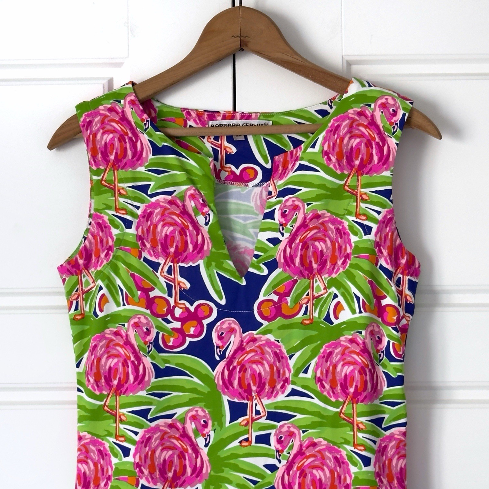 Barbara Gerwit Tropical Flamingo Dress Womens XS Pink Green Vibrant Resortwear