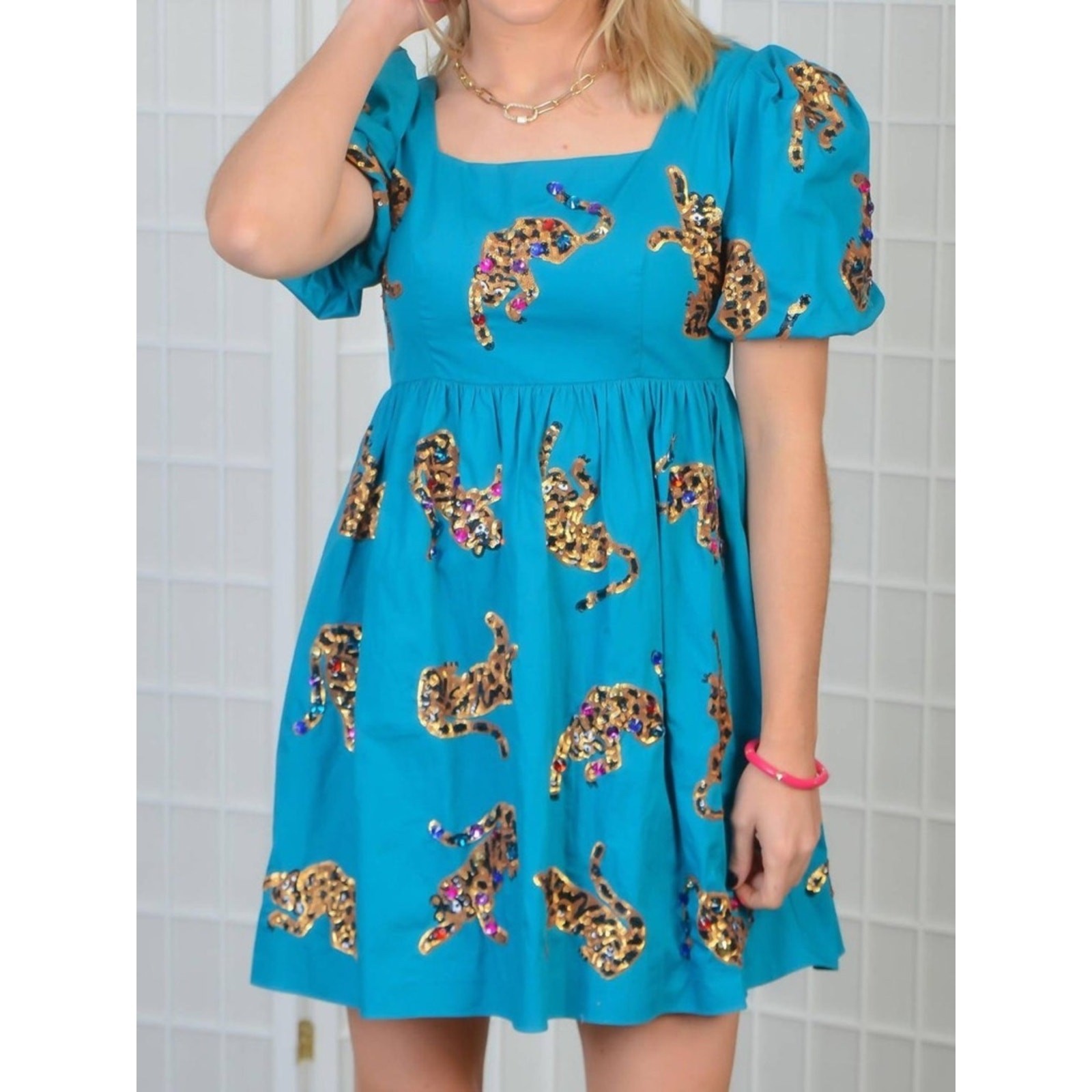 Queen of Sparkles Leapin’ Teal Blue Leopards Sequin Mini Dress XL – NWOT