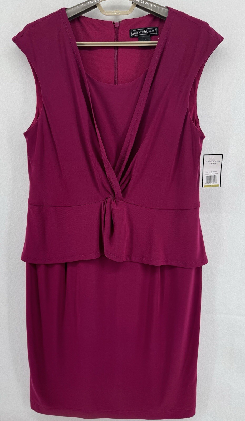 Jessica Howard Sz 14 Mock Wrap Peplum Fuchsia Pink Dress Cap Sleeve Lined NWT