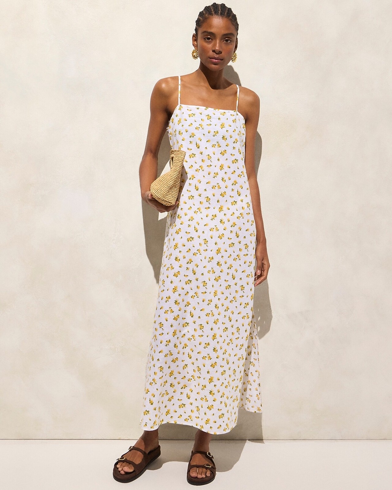 New JCREW Size S Linen-Cotton Blend Tie-Back Midi Dress Yellow Floral $128 CI332