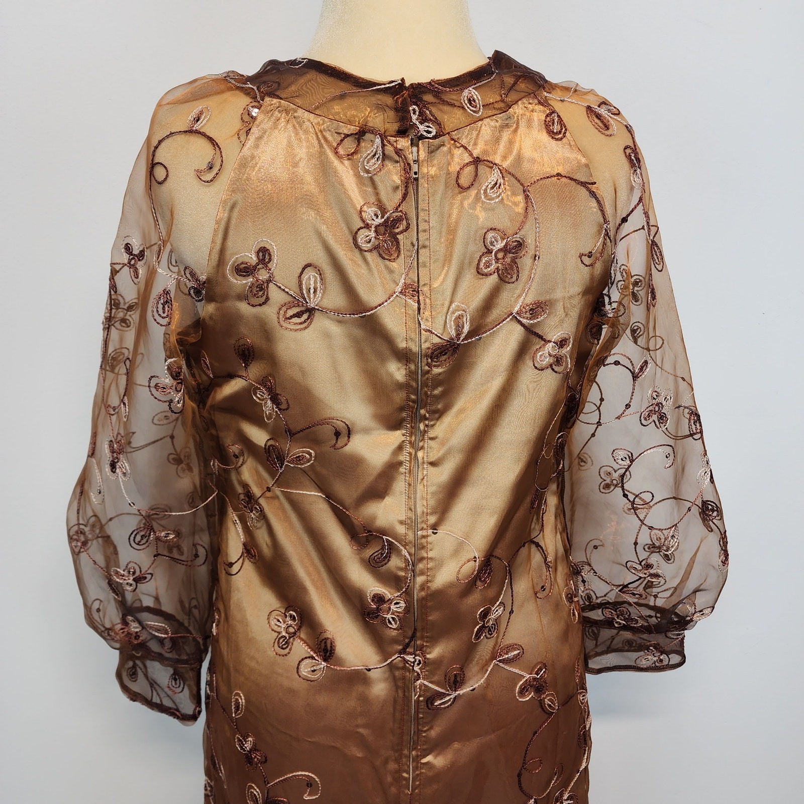 Embroidered Regency Floor Length Dress Size L Brown Damask Taffeta Sheer Whimsy