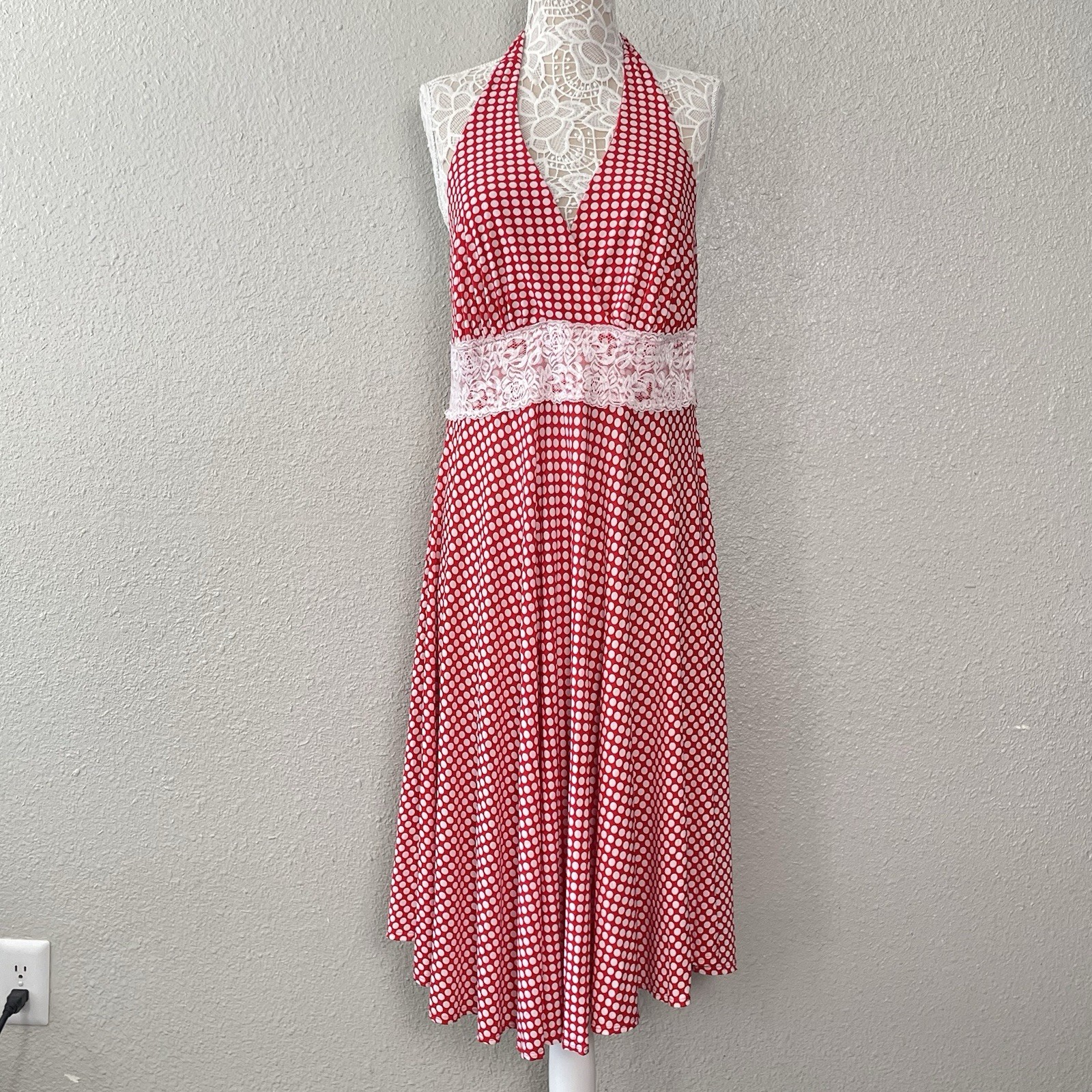 VTG Torrid Halter Midi Dress Plus 2X Polka Dots Lace Waist Y2K Pinup Rockabilly