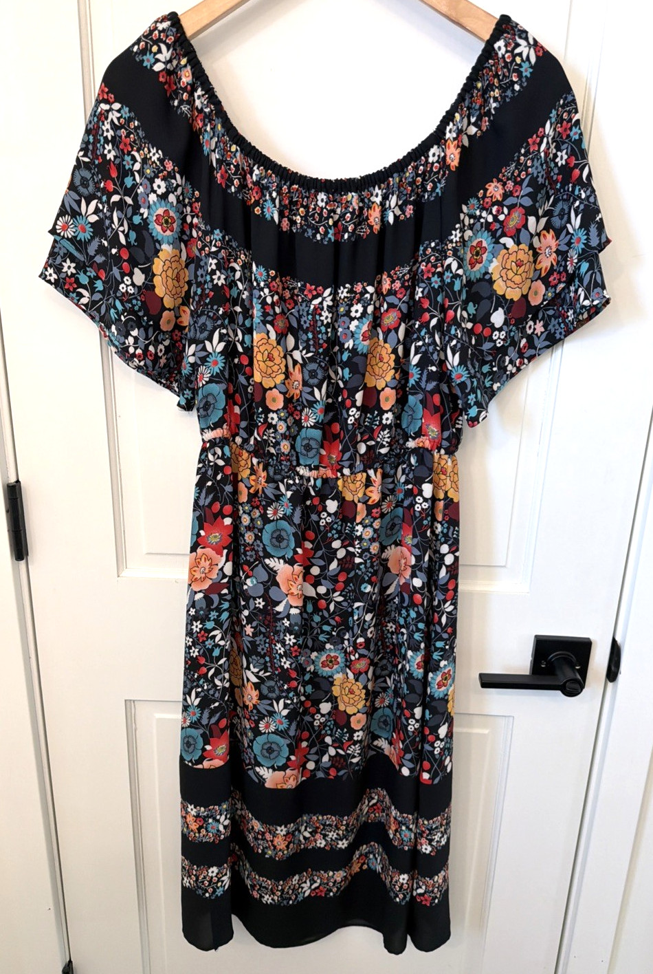 Loft Black Multicolor Dark Floral On / Off Shoulder Peasant Dress S Boho Hippie
