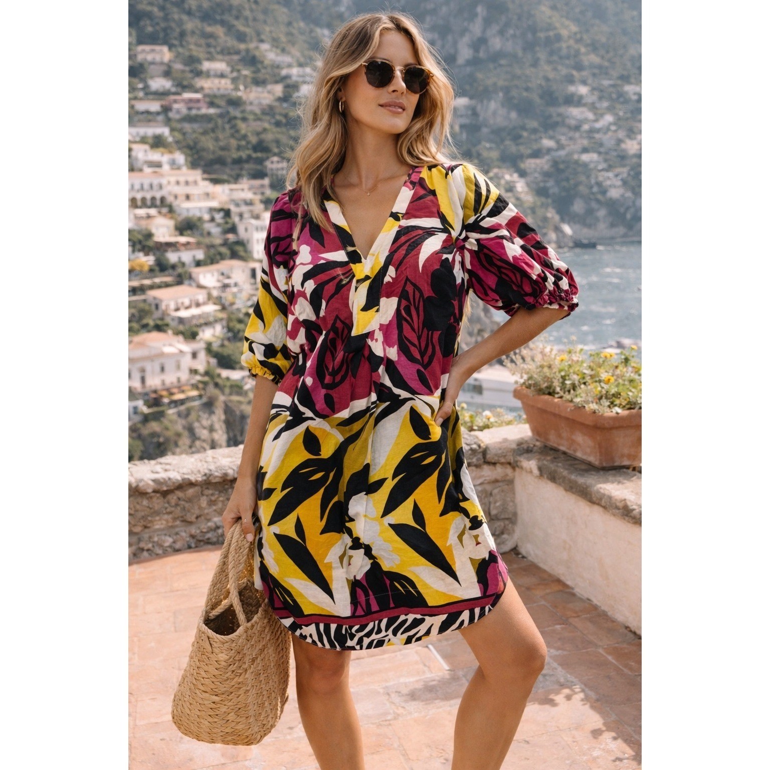 Tropical Floral Linen Blend Puff Sleeve Resort Boho Dress Summer SZ M
