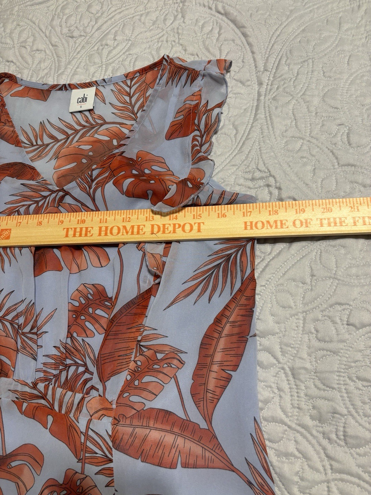 Cabi Light Blue Brown Leaf Print Ruffle Sleeveless Knee Length A-Line Dress S