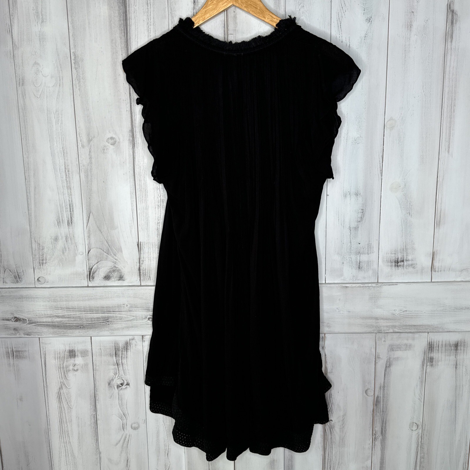 POUPETTE ST BARTH BLACK CROCHET SASHA PLEATED FLUTTER SLEEVE BOHO MINI DRESS S