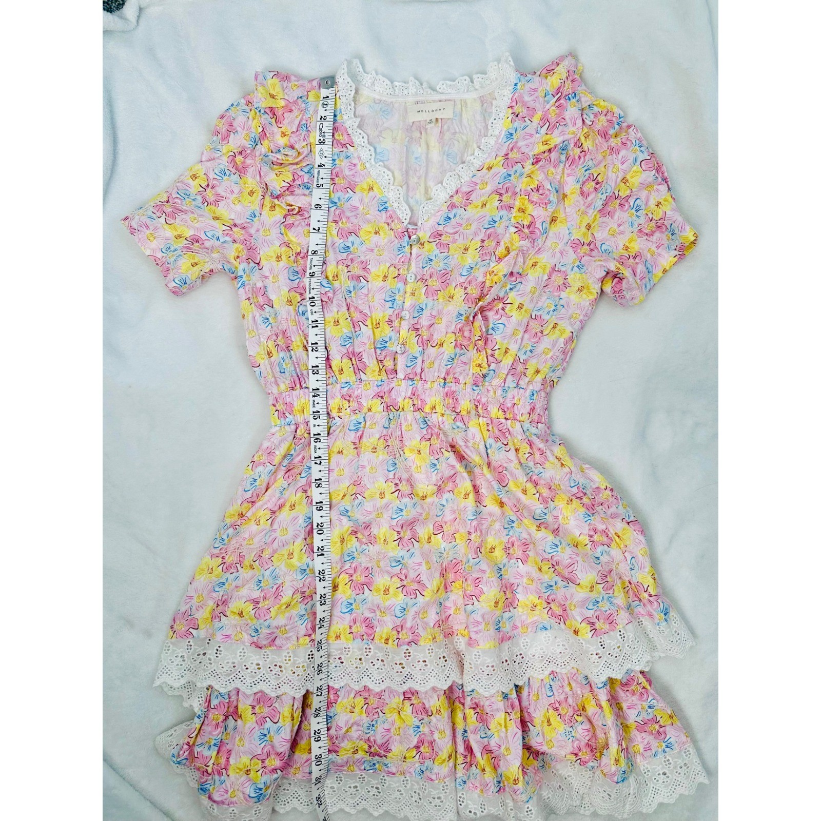 Melloday Floral Eyelet Lace Tiered Mini Dress Pink Yellow Cottagecore Medium
