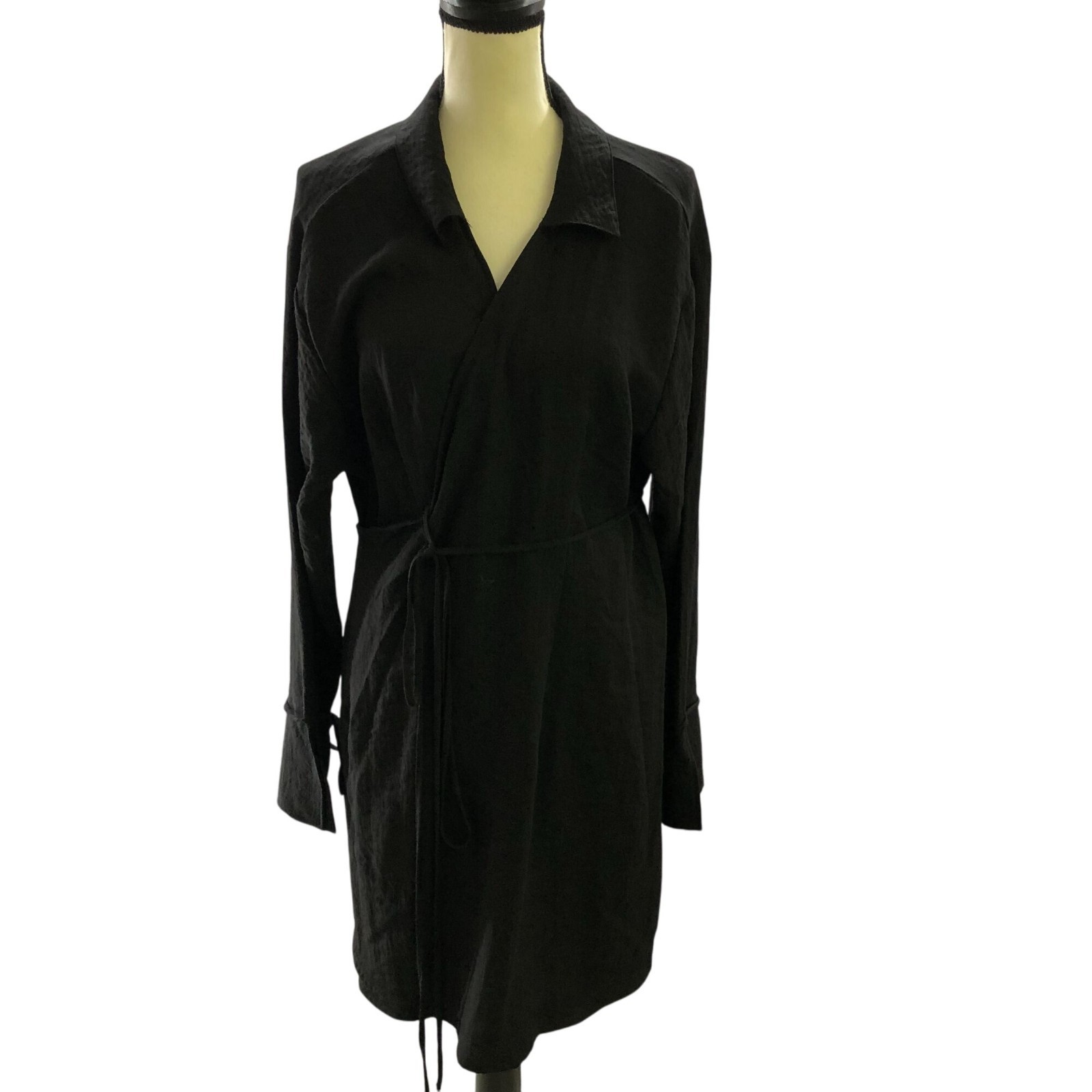H&M Long Sleeve Wrap Dress Womens XXL Black Viscose V-Neck Tie Cuff Mini