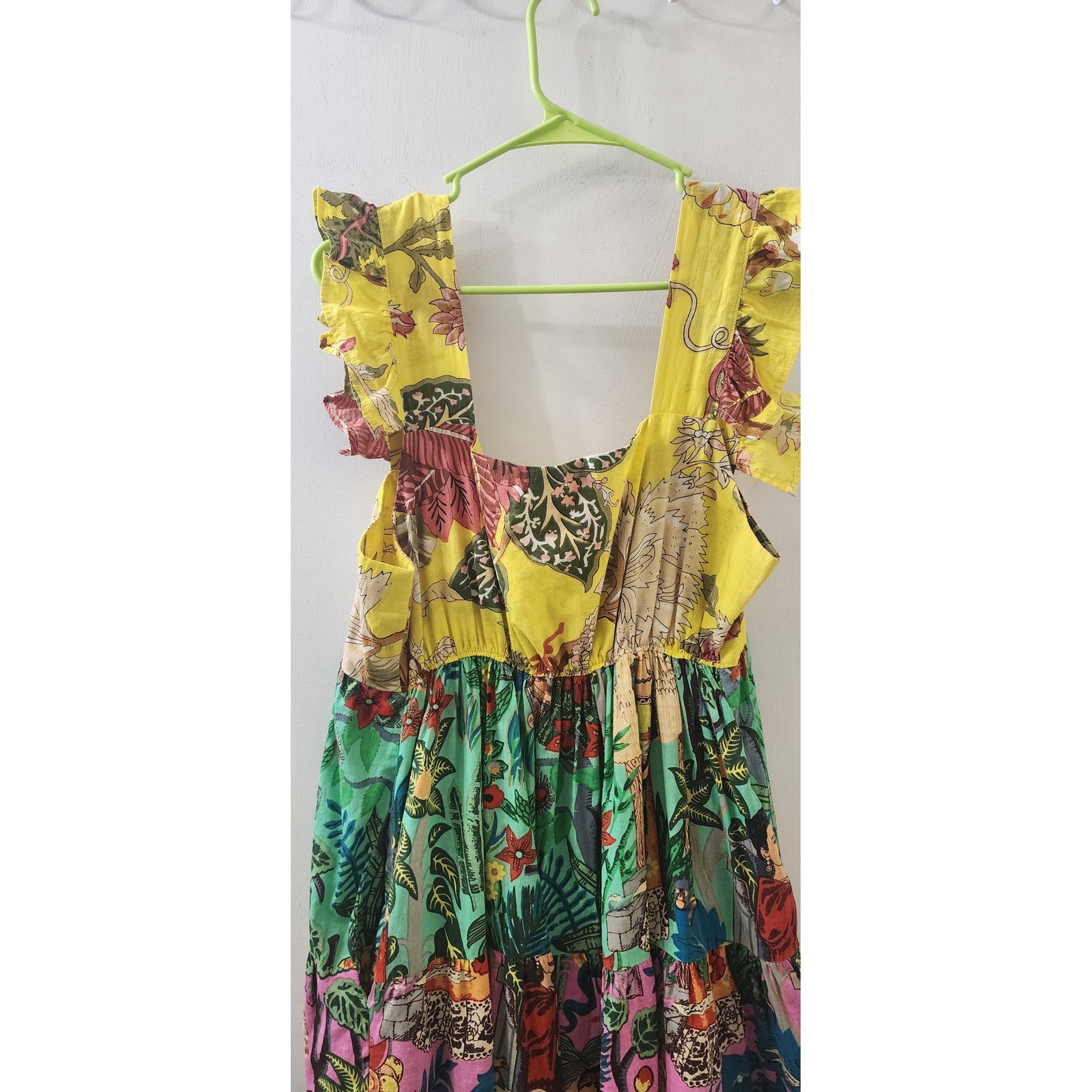 Miss G Tropical Patchwork Ruffle Tiered Midi Dress Yellow Floral Square Neck L