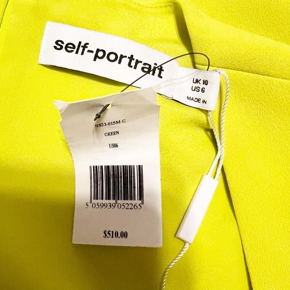 Self-Portrait Crepe Ruched Midi Dress Lime Green Puff Sleeve 6 NWT