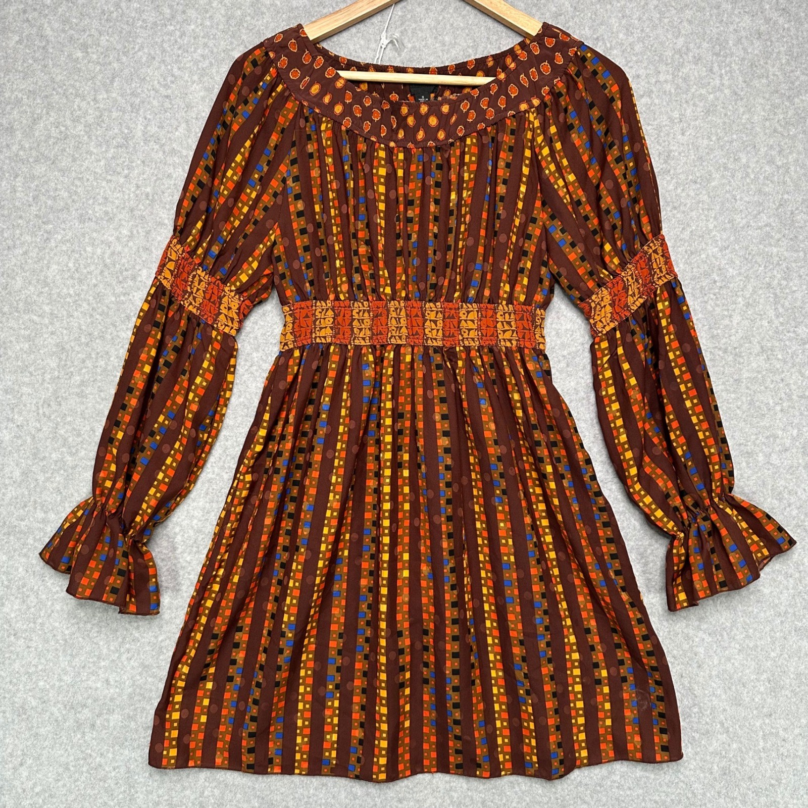 Anna Sui Brown Geometric Stripe Smocked Boho Empire Waist Mini Dress Womens Sm