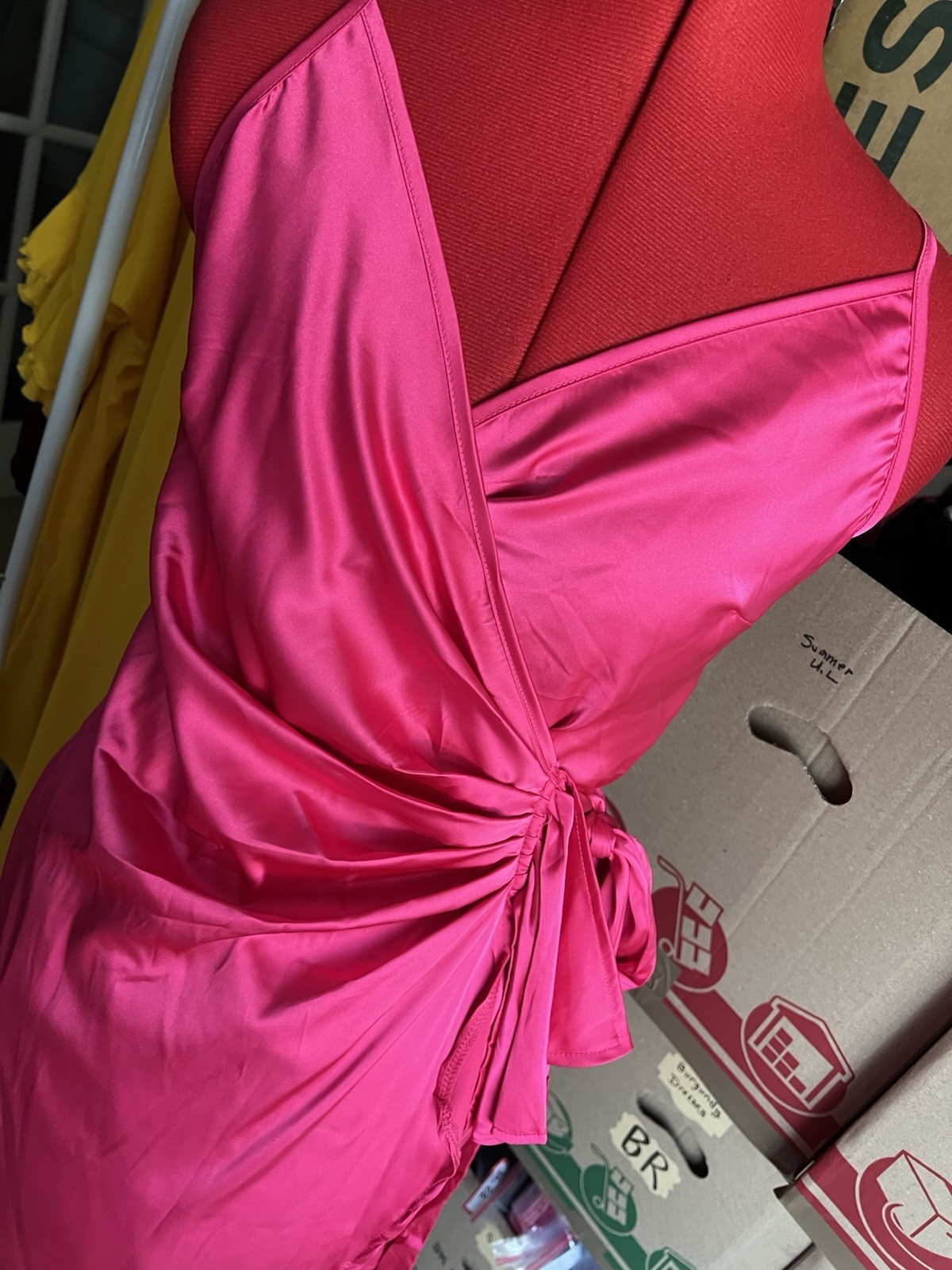 Womens Spaghetti Strap Cross Back Pleated Satin Wrap Dress. Medium