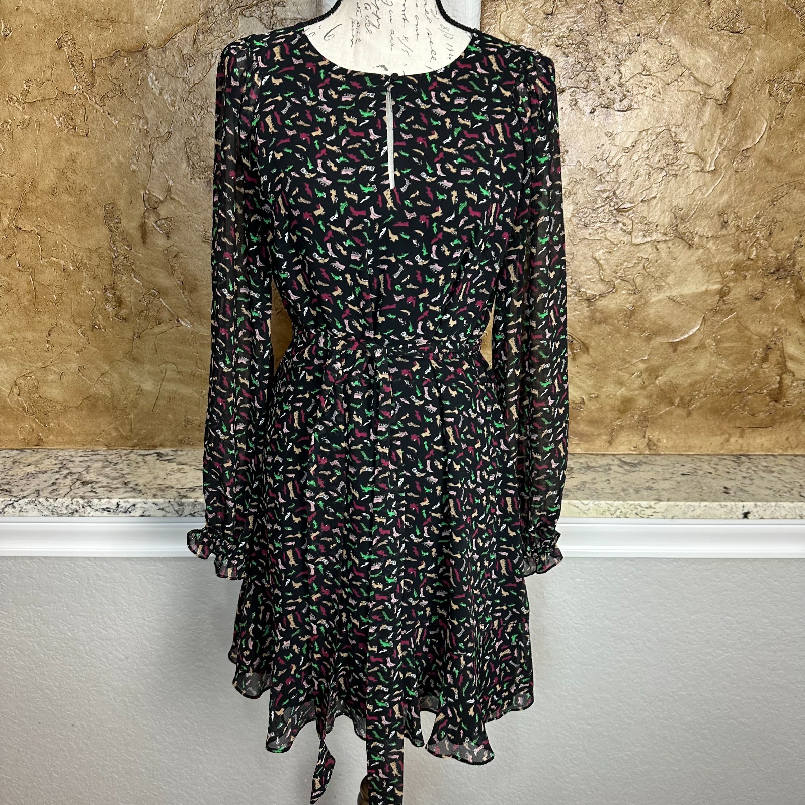 Whistles Izzy Dress UK 14 US 10 Black Shoe Print Long Sleeve Belted Chiffon Mini