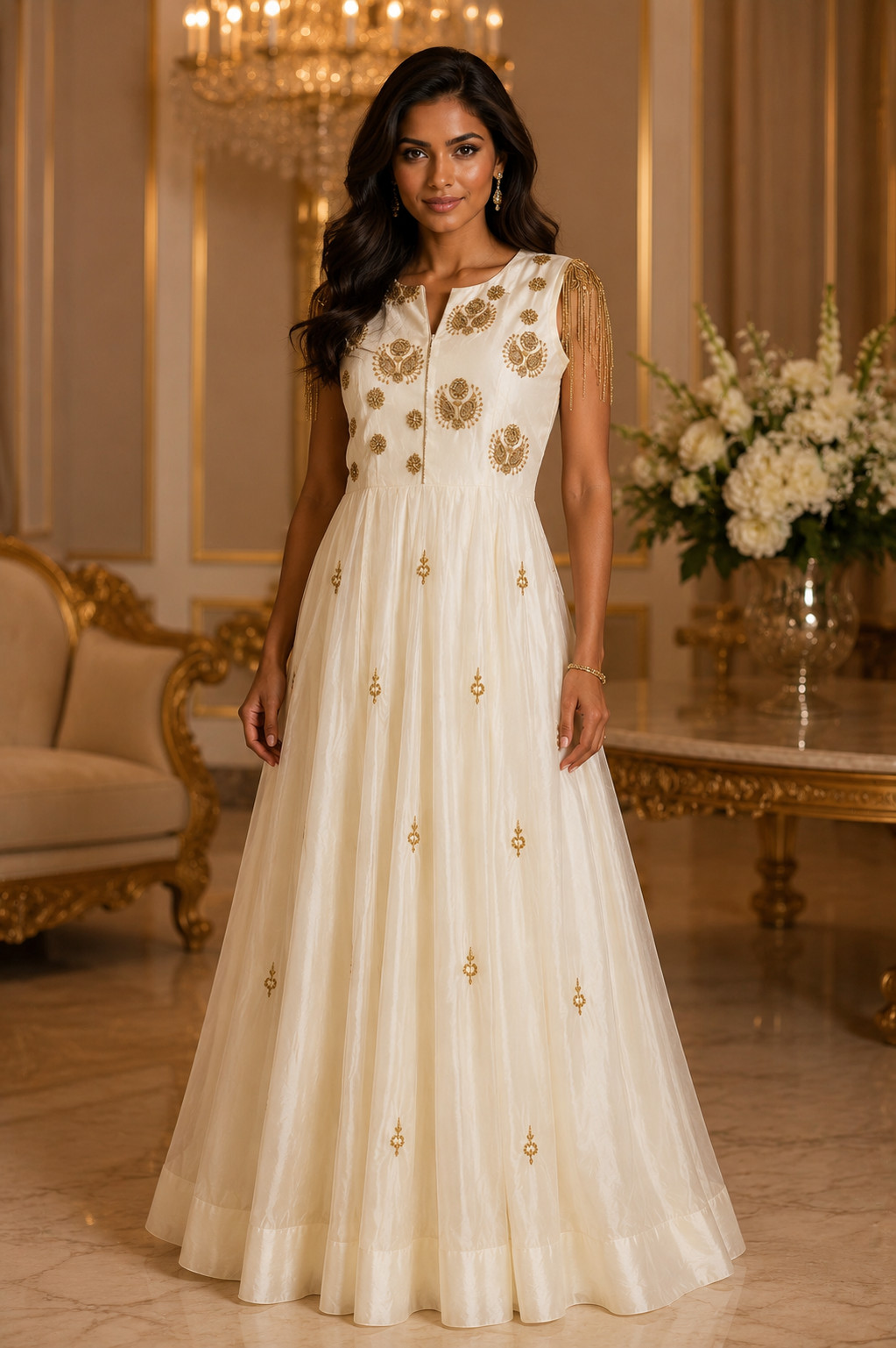 AMARA White Gold Fringe Embroidered Gown by Subhai Apparel Size XL