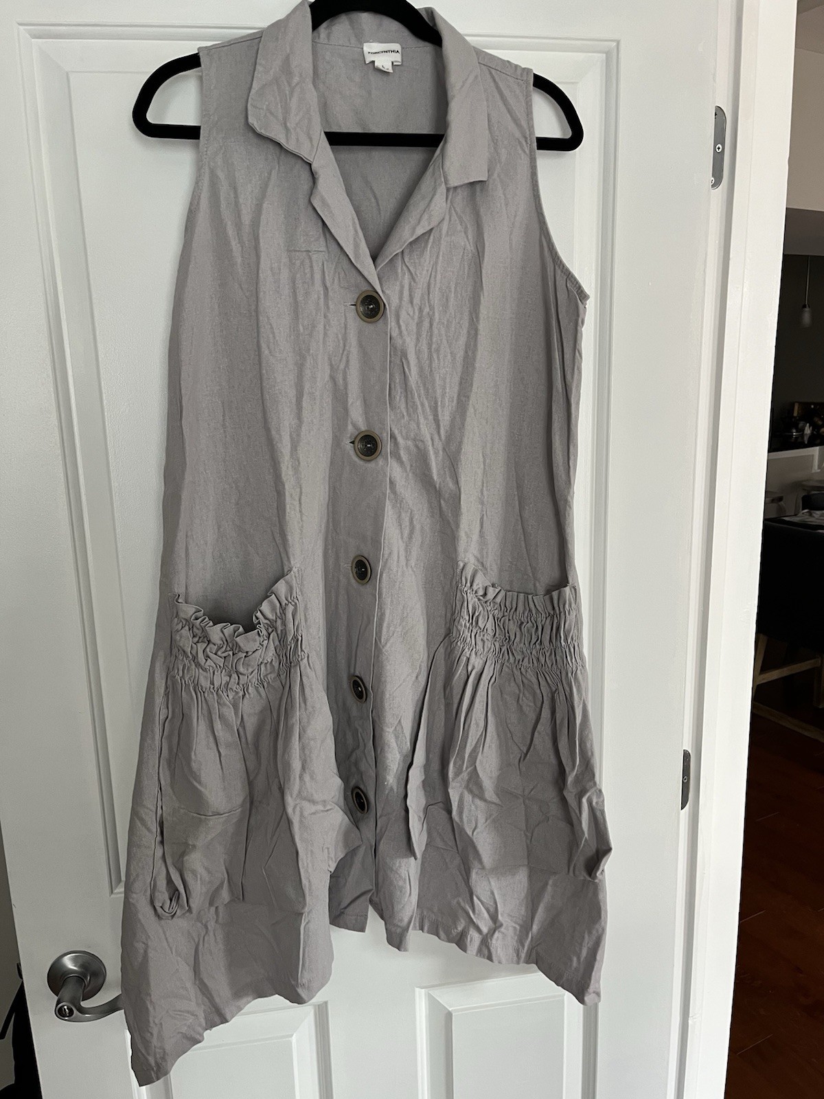 For Cynthia Linen Blend Dress Large Lagenlook Smocked Pockets Swing A-Line Boho