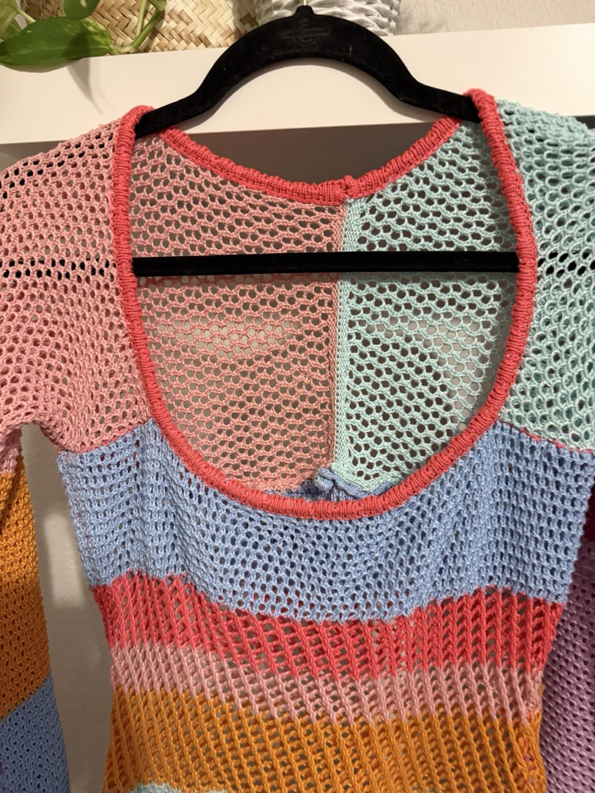 Multicolor Striped Open Knit Square Neck Long Sleeve Sweater Mini Dress Size M