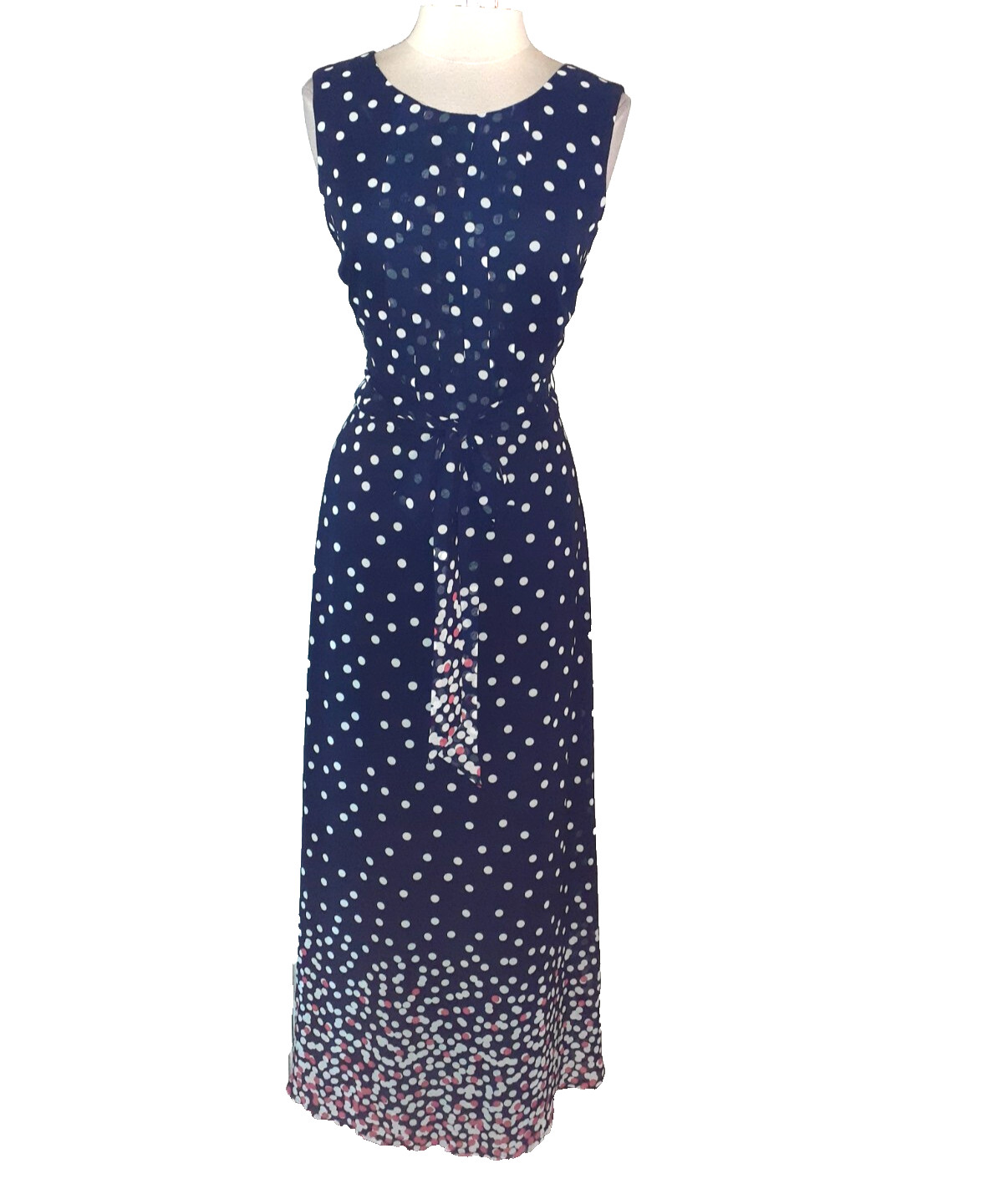 R&K ORIGINALS Size 16 Maxi Dress Blue White Pink Polka Dots Sleeveless