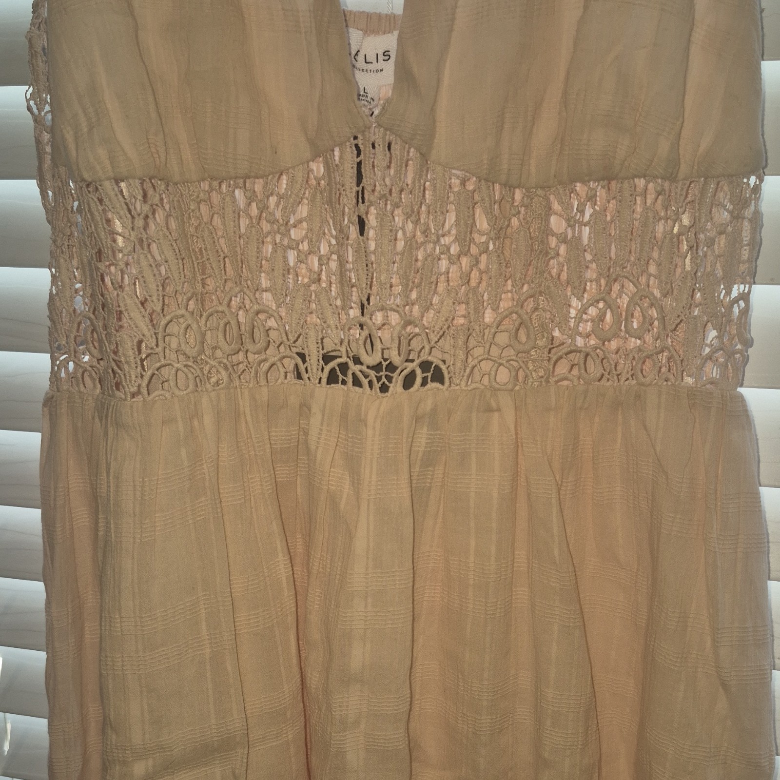 Le Lis Beige Crochet A-Line Dress Sleeveless V-Neck Pullover Size L
